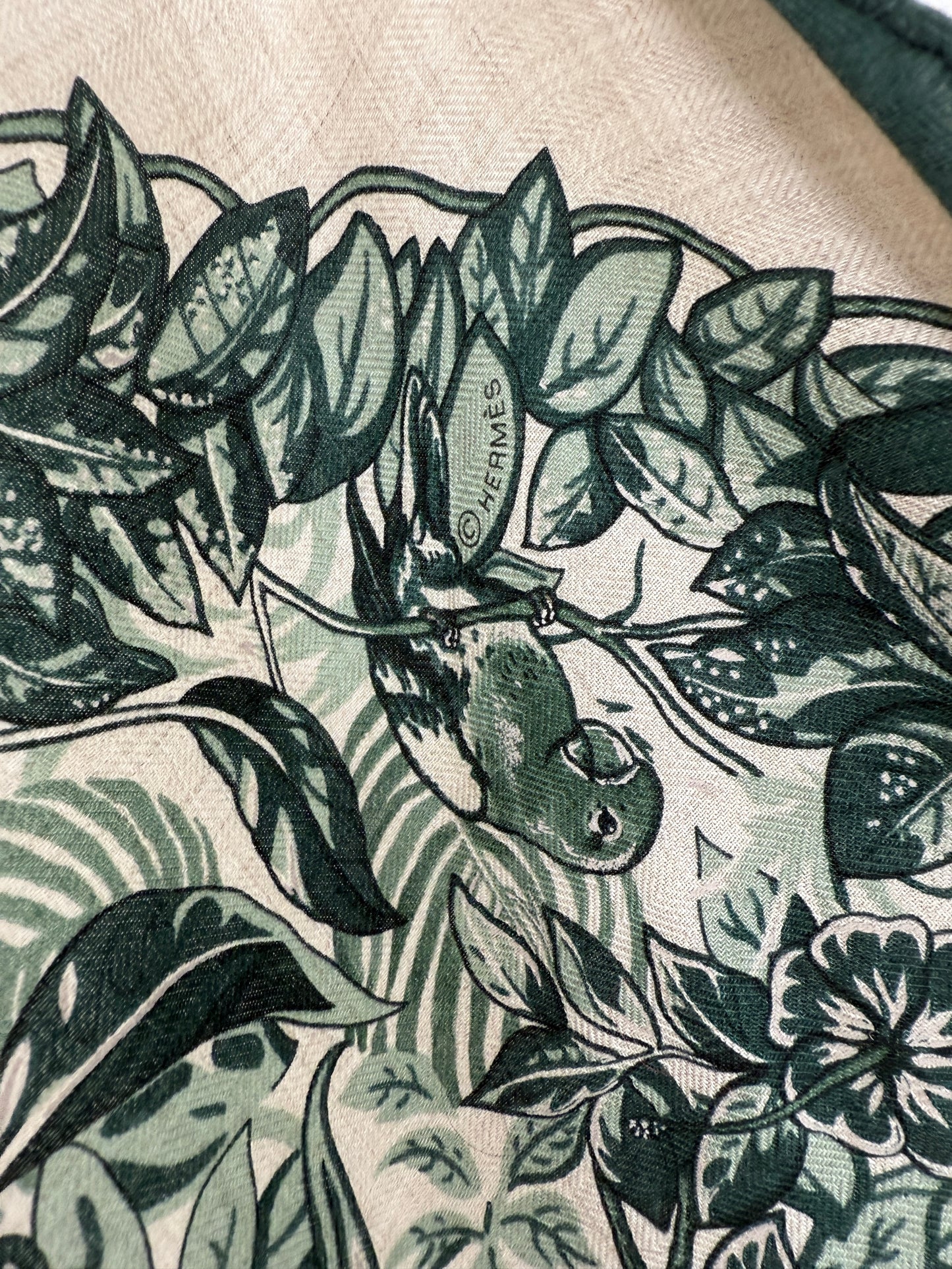 HERMES Jungle Love Jaguar Giant Triangle Green Natural Cashmere Silk Scarf New with tag