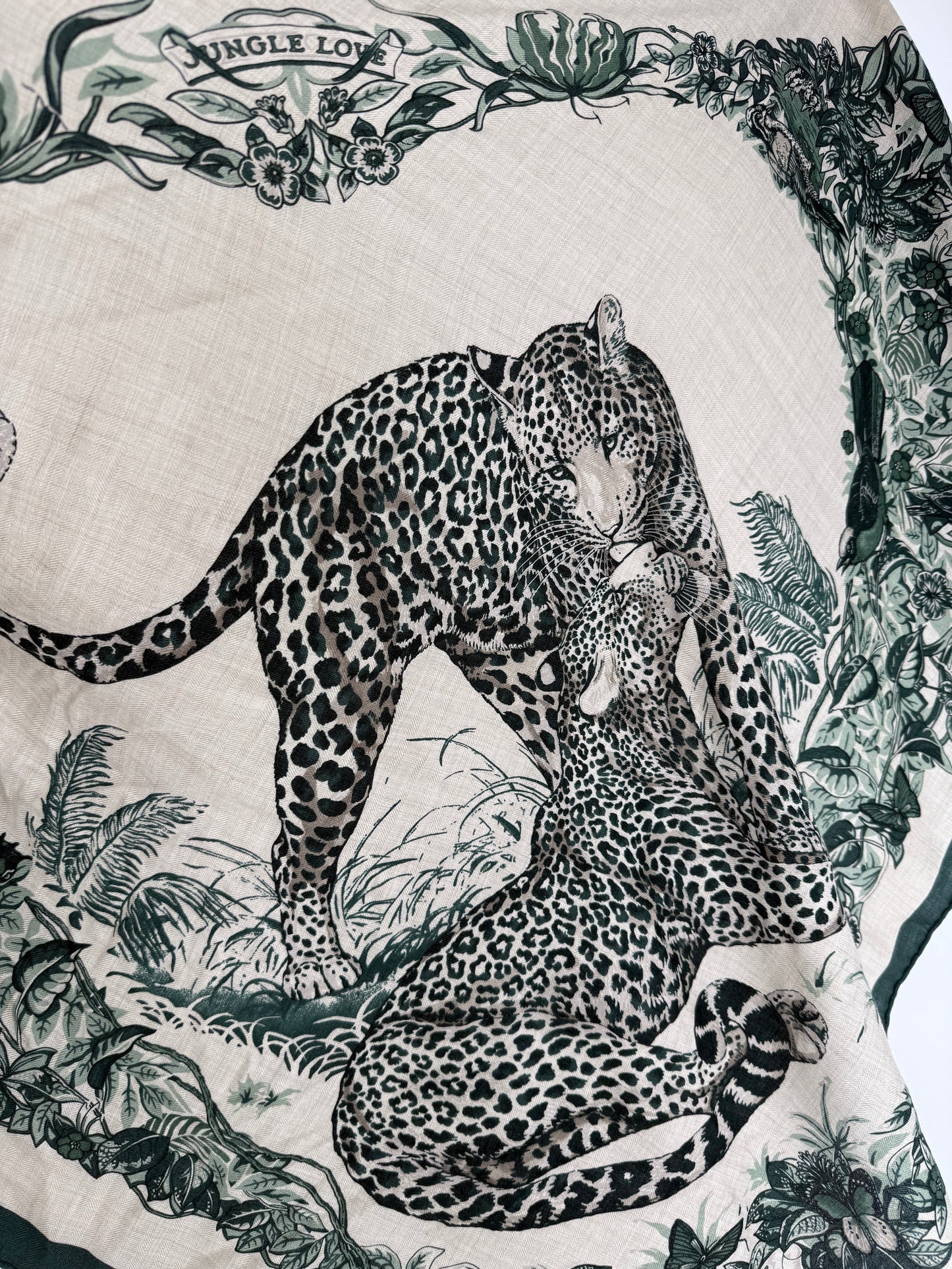 HERMES Jungle Love Jaguar Giant Triangle Green Natural Cashmere Silk Scarf New with tag