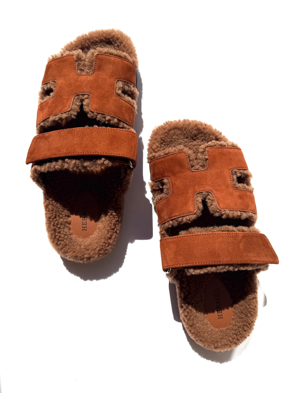 HERMES Chypre Gold Suede Goatskin Leather Shearling 2026 Slide Sandals 39 8.5 New