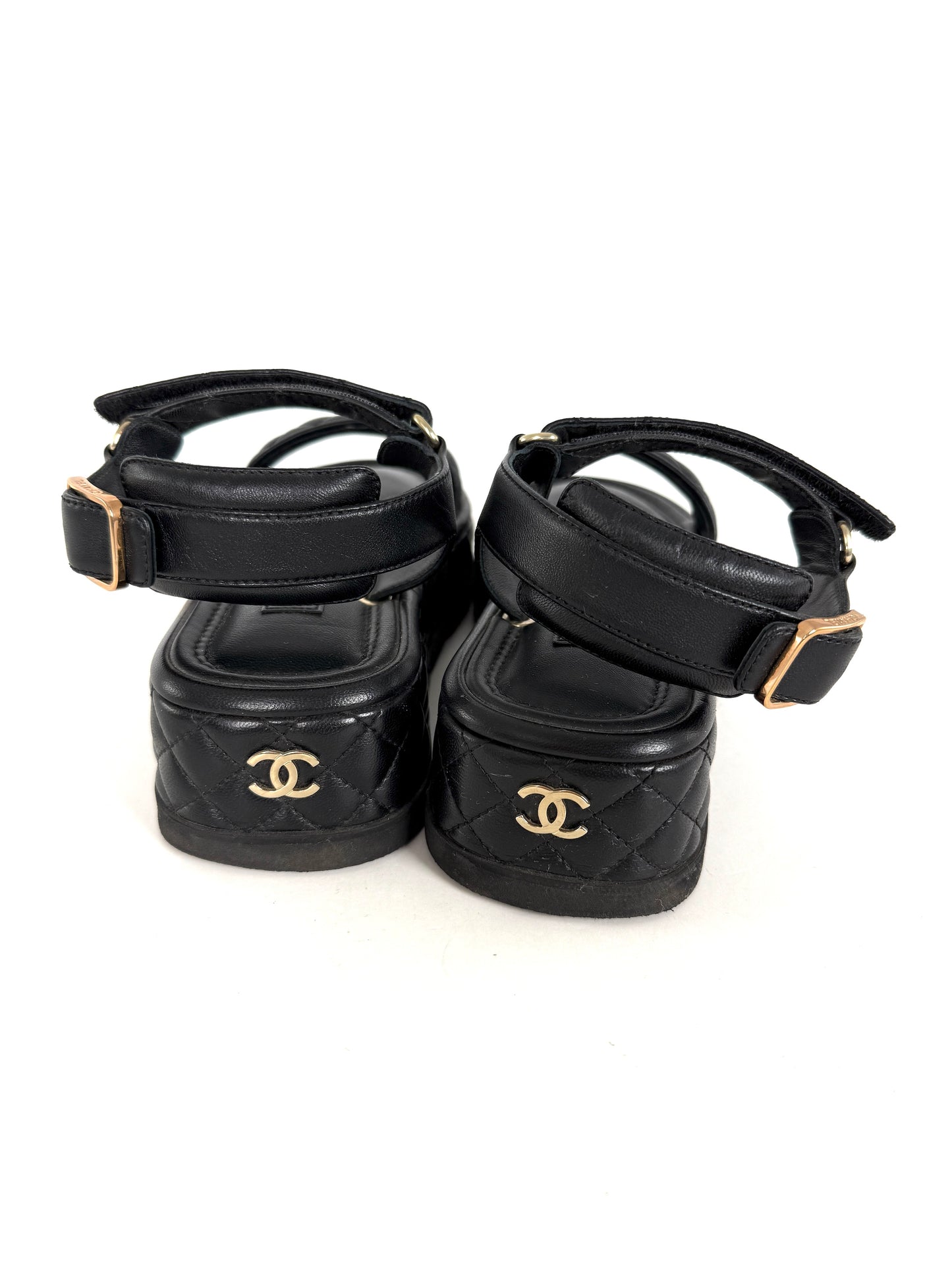 CHANEL Black Platform CC Logo Quilted Leather 2022 Sandals 37.5 7