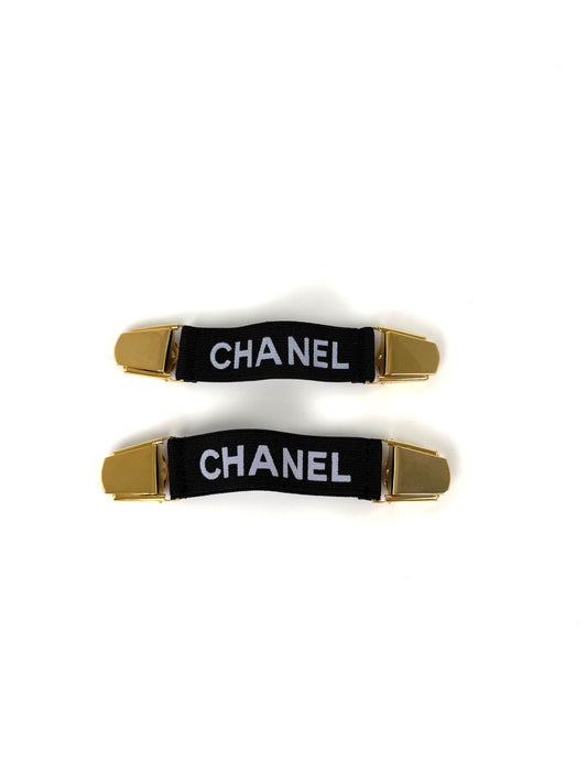 CHANEL 2 Logo Sweater Sleeve Garters Suspenders Elastic Black Gold Tone Clip 