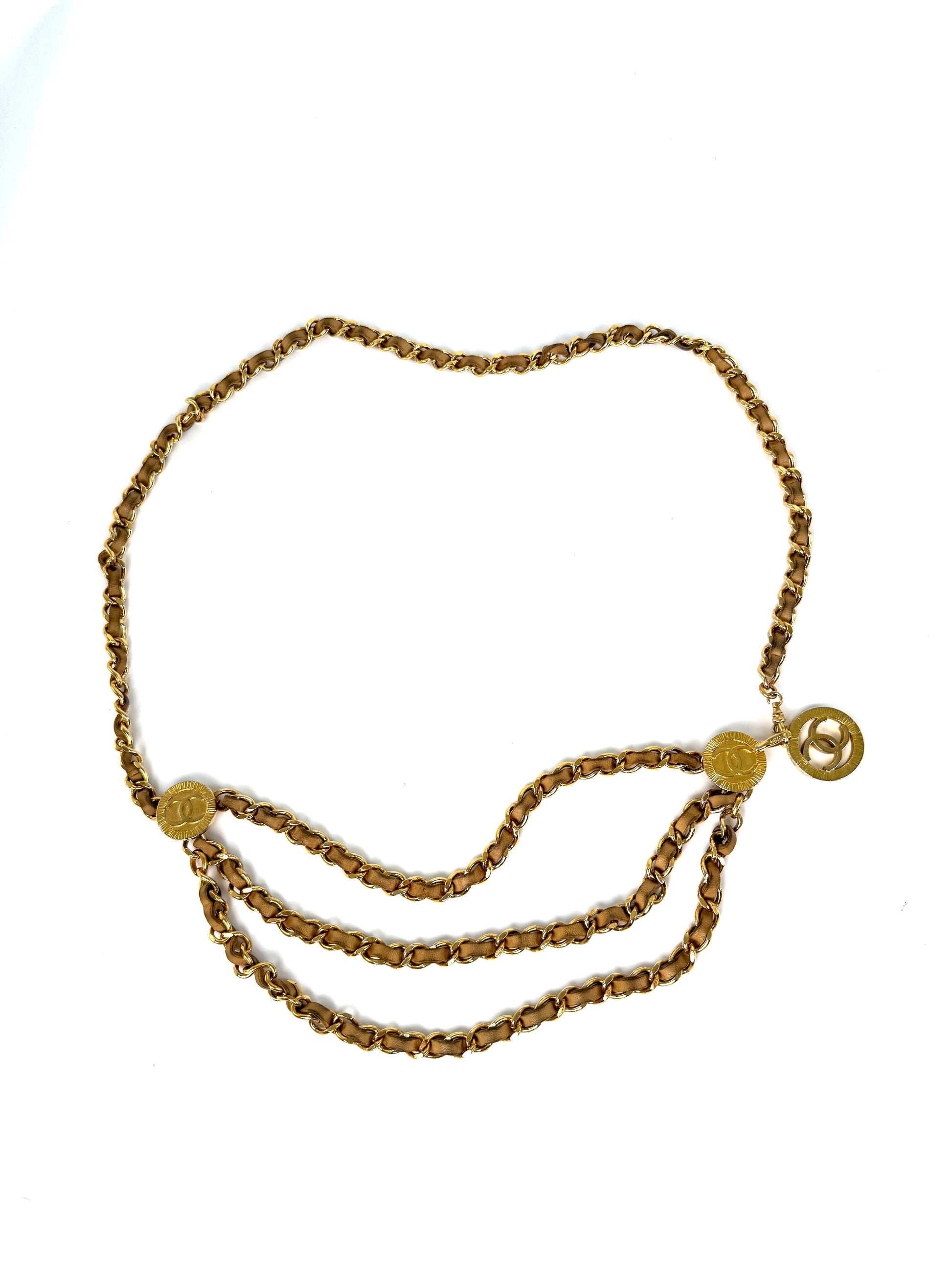 Vintage CHANEL Gold Chain Link Beige Leather 1984 CC Belt 