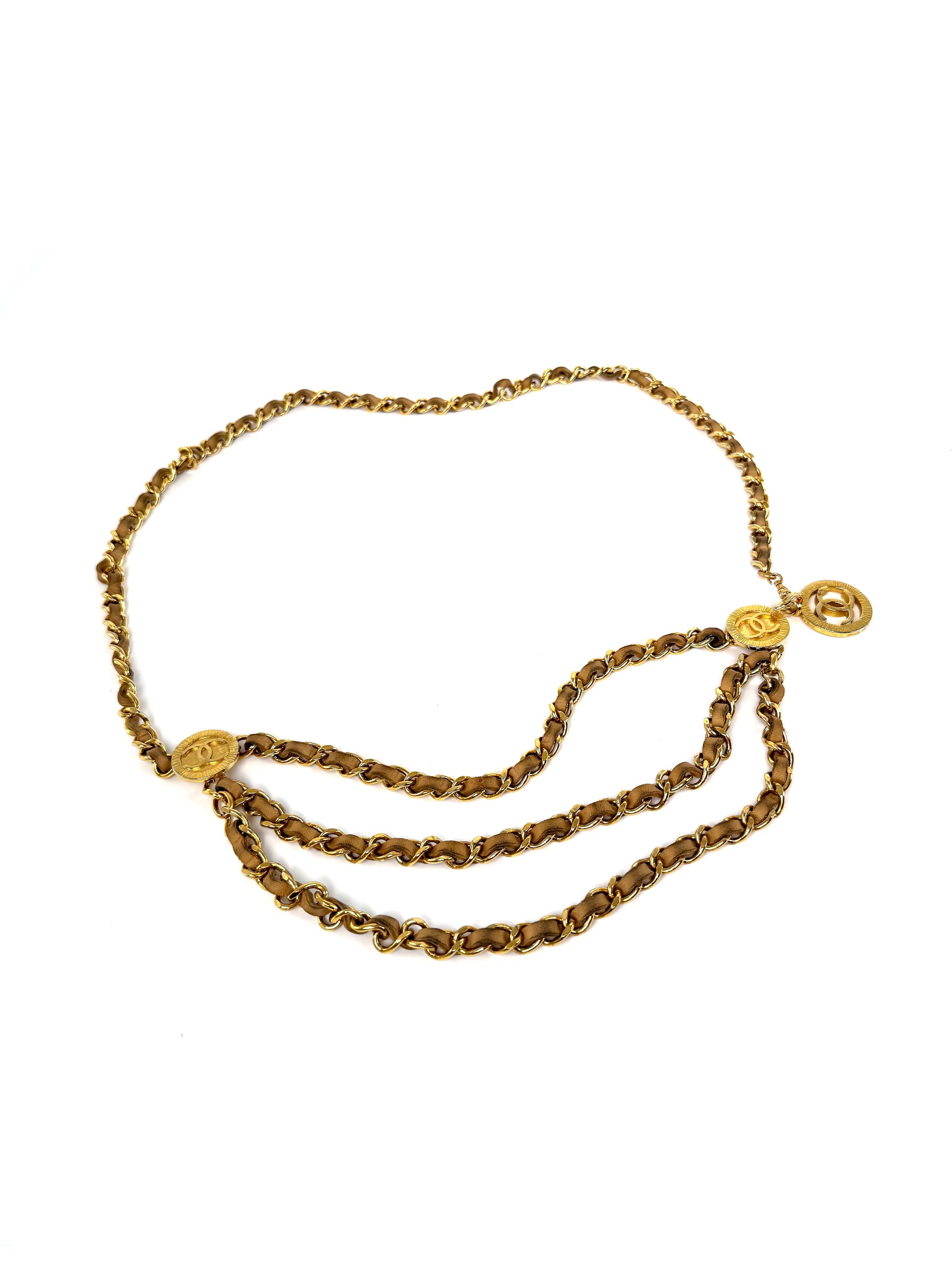 Vintage CHANEL Gold Chain Link Beige Leather 1984 CC Belt 
