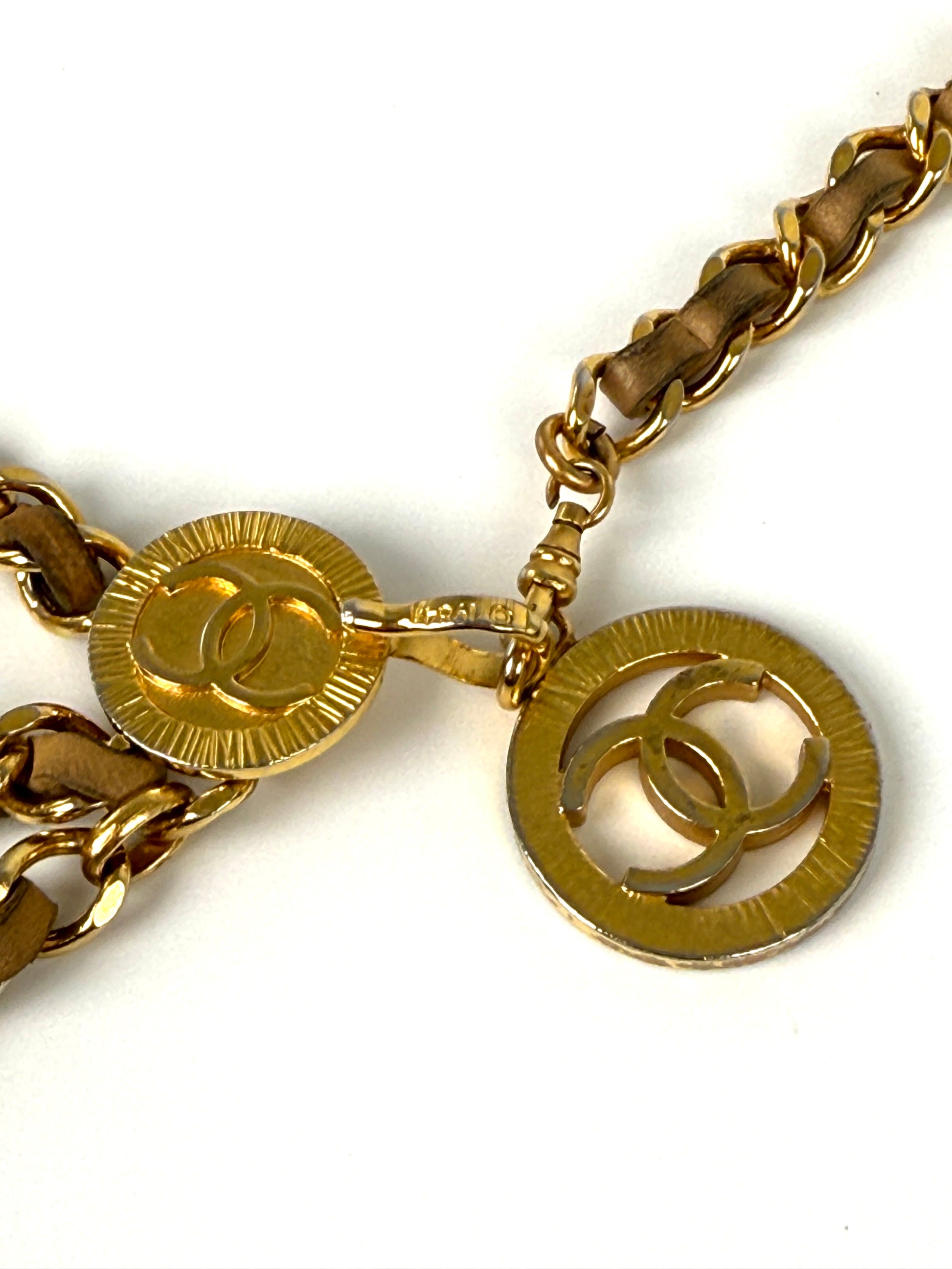 Vintage CHANEL Gold Chain Link Beige Leather 1984 CC Belt 