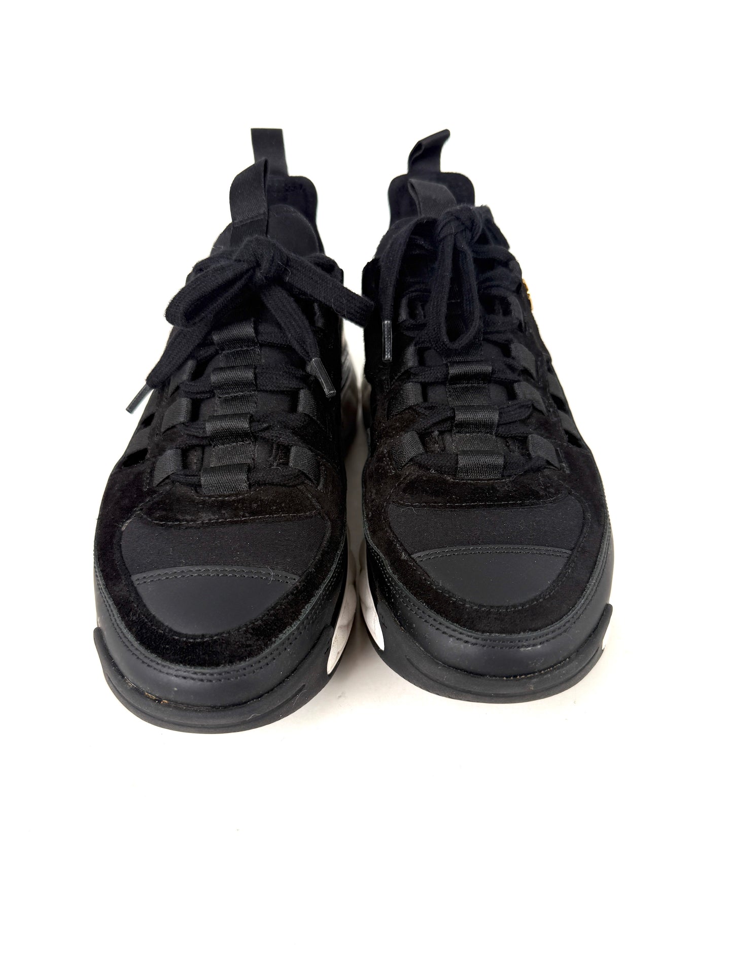 CHANEL Suede Calfskin Perforated Mixed Fibers CC Black Sneakers 37