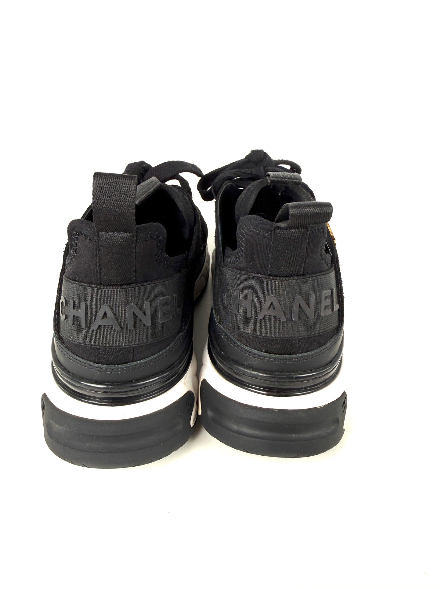 CHANEL Suede Calfskin Perforated Mixed Fibers CC Black Sneakers 37
