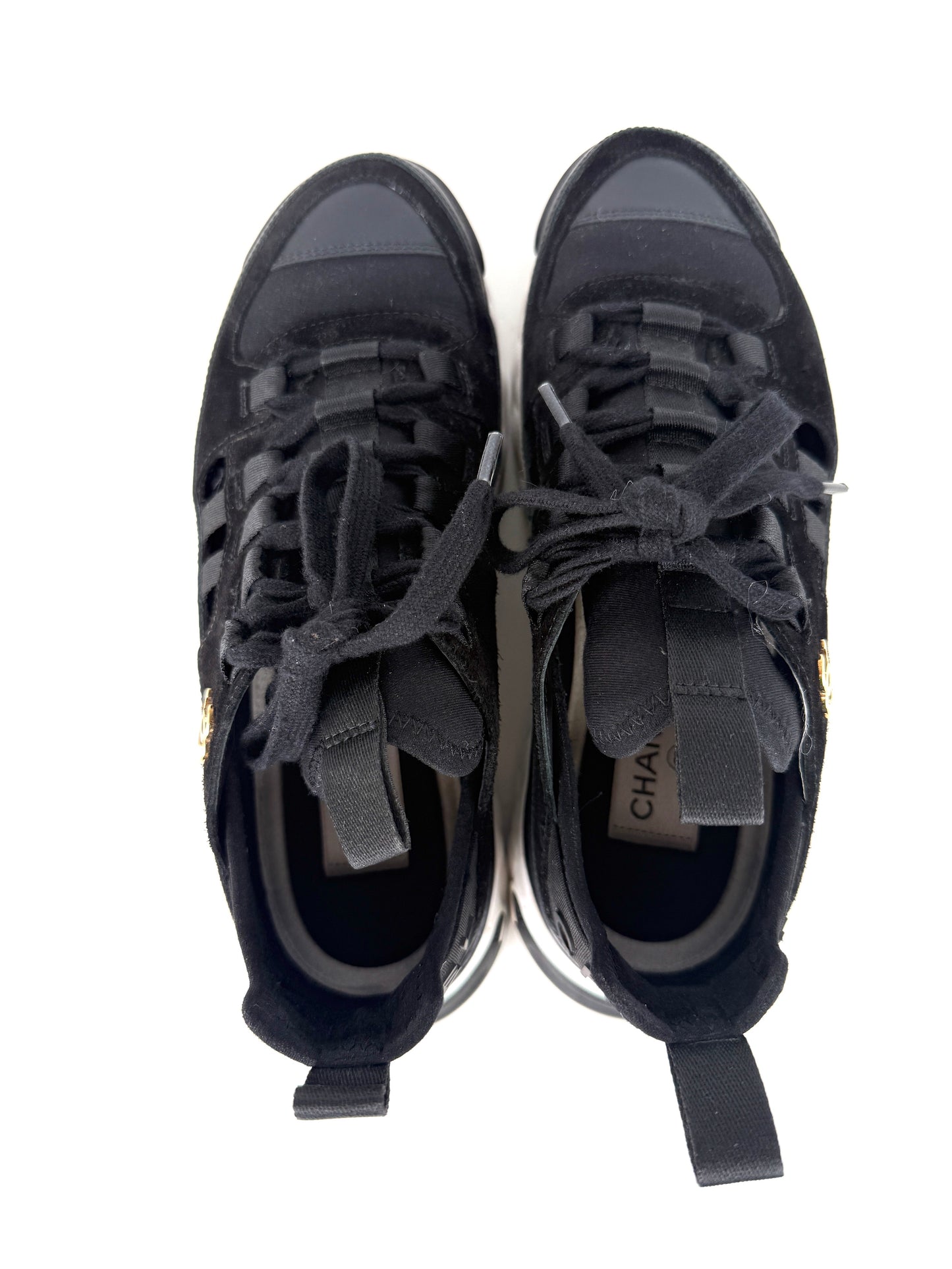 CHANEL Suede Calfskin Perforated Mixed Fibers CC Black Sneakers 37