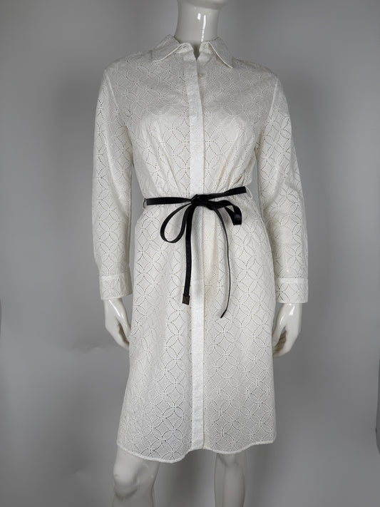 LOUIS VUITTON White Eyelet Long Sleeve Collared Shirt Belted Knee Length Dress 38 6