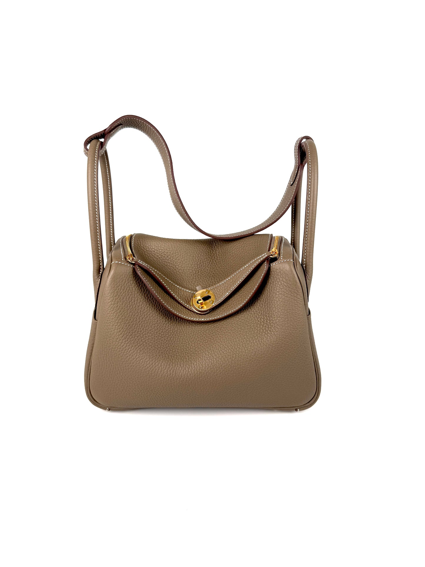 HERMES Lindy 26 Etoupe Taurillon Clemence Leather Gold Hardware Zip Shoulder Bag
