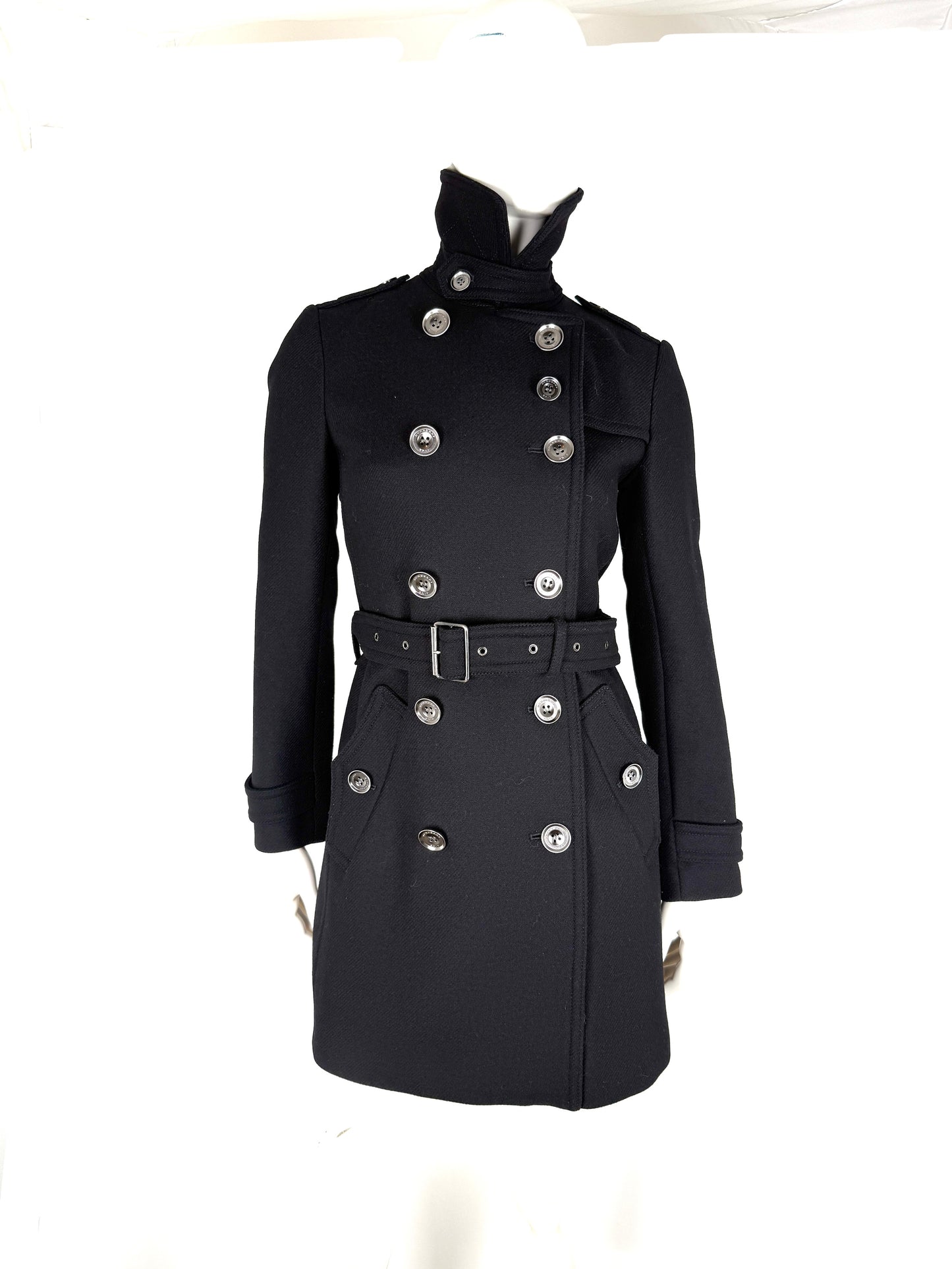 BURBERRY Brit Black Double Breasted Slim Fit Heritage Wool Coat 40 6