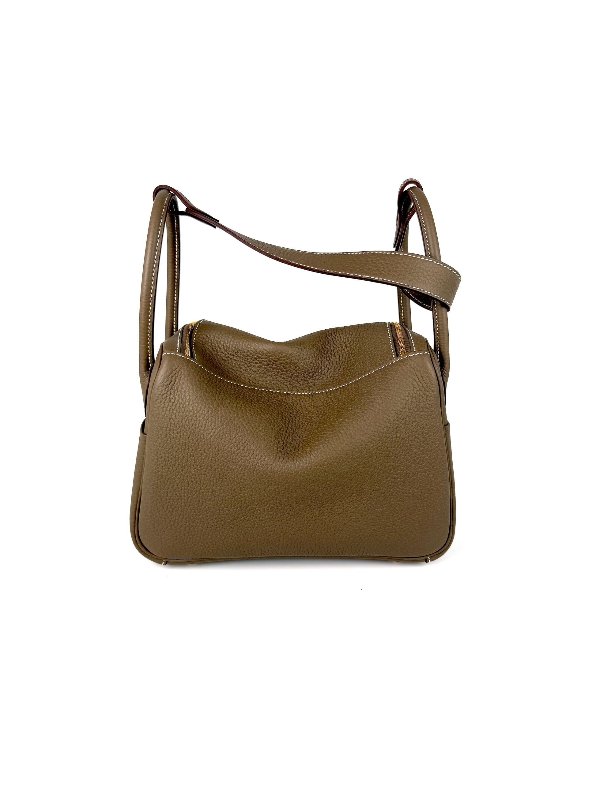 HERMES Lindy 26 Etoupe Taurillon Clemence Leather Gold Hardware Zip Shoulder Bag