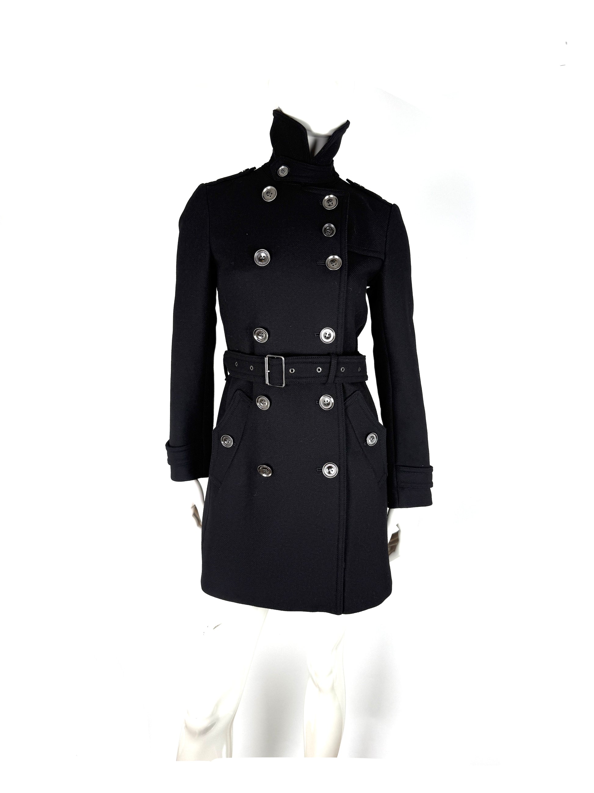 BURBERRY Brit Black Double Breasted Slim Fit Heritage Wool Coat 40 6
