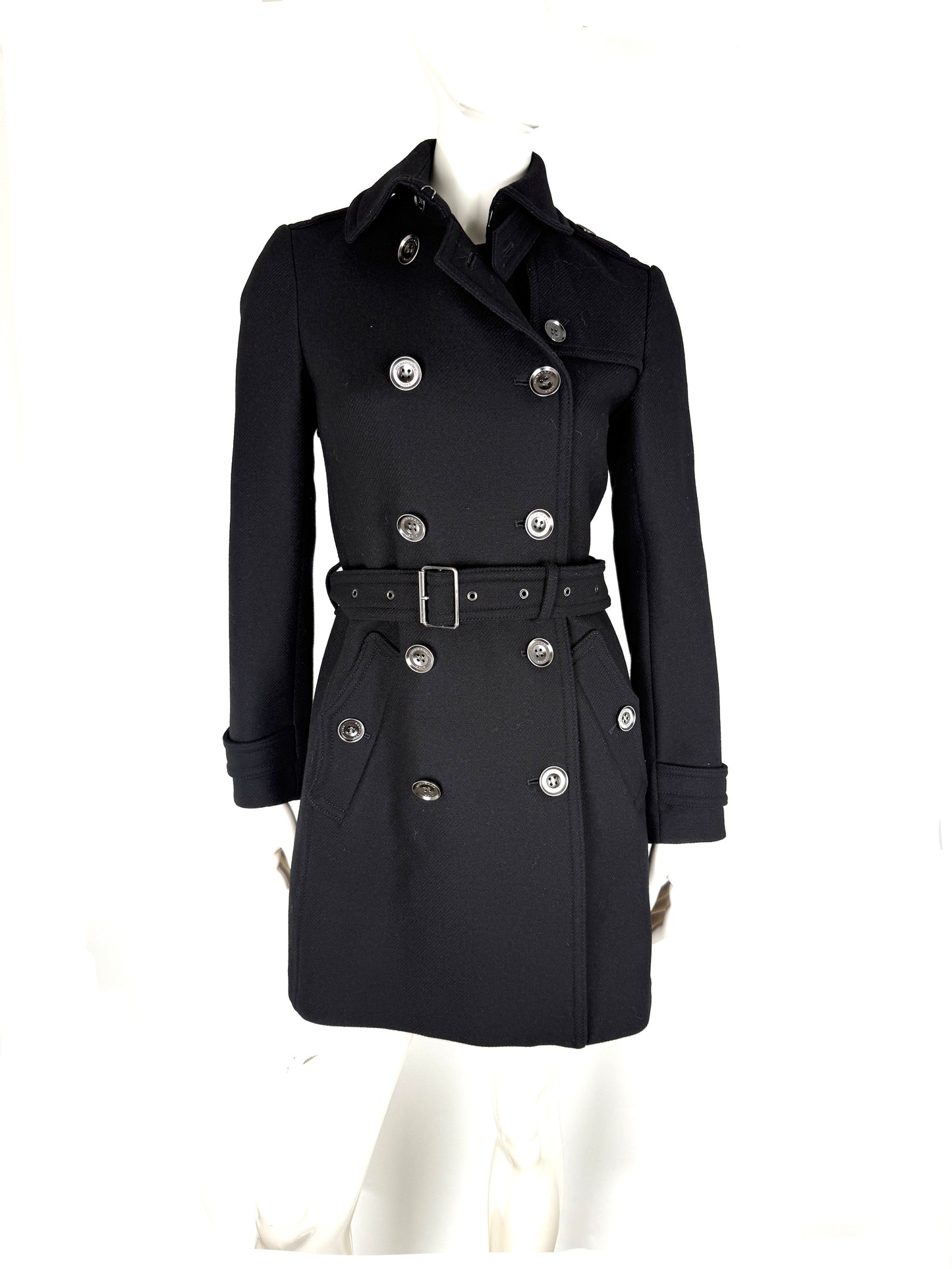 BURBERRY Brit Black Double Breasted Slim Fit Heritage Wool Coat 40 6