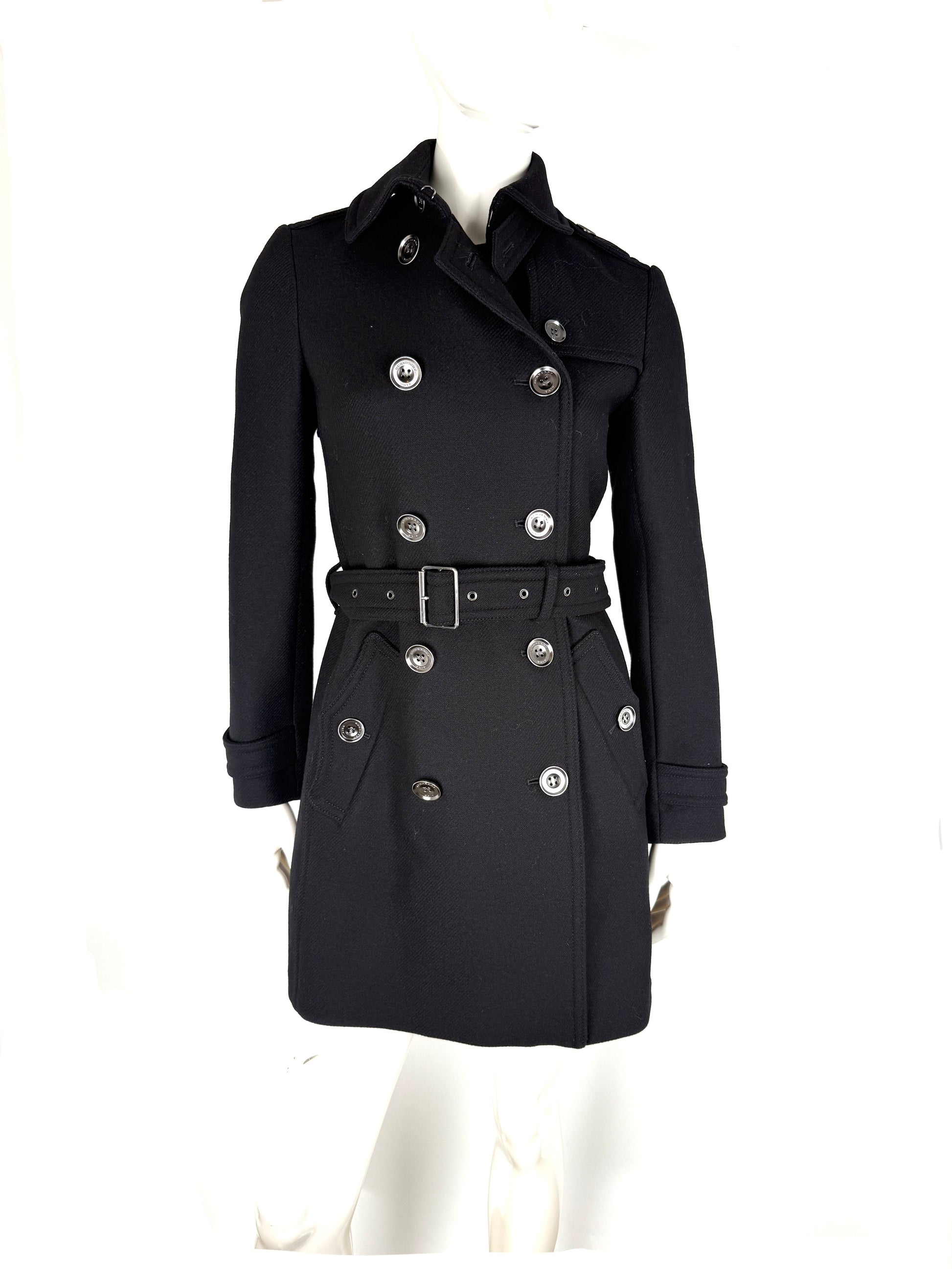 BURBERRY Brit Black Double Breasted Slim Fit Heritage Wool Coat 40 6