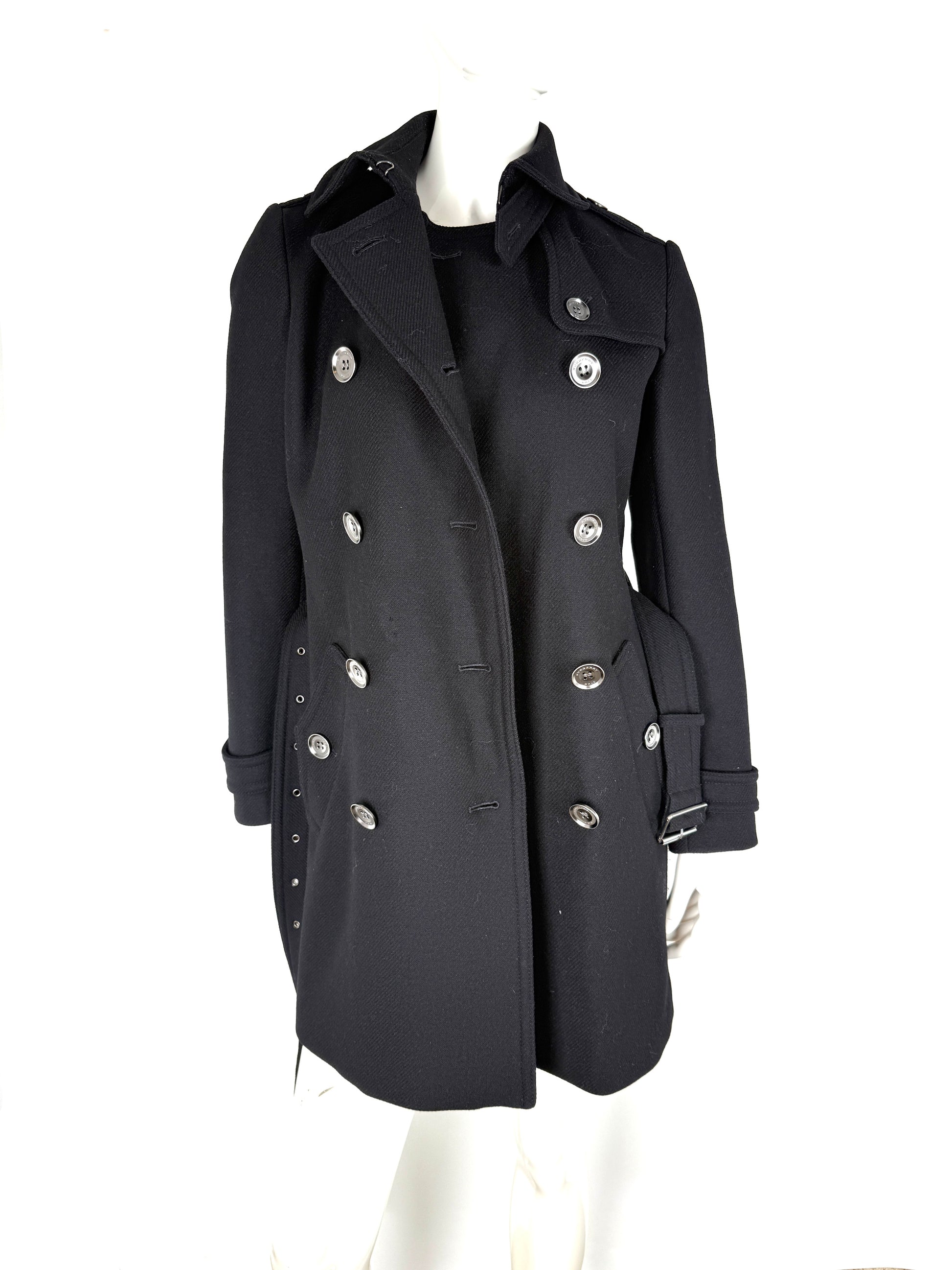 BURBERRY Brit Black Double Breasted Slim Fit Heritage Wool Coat 40 6