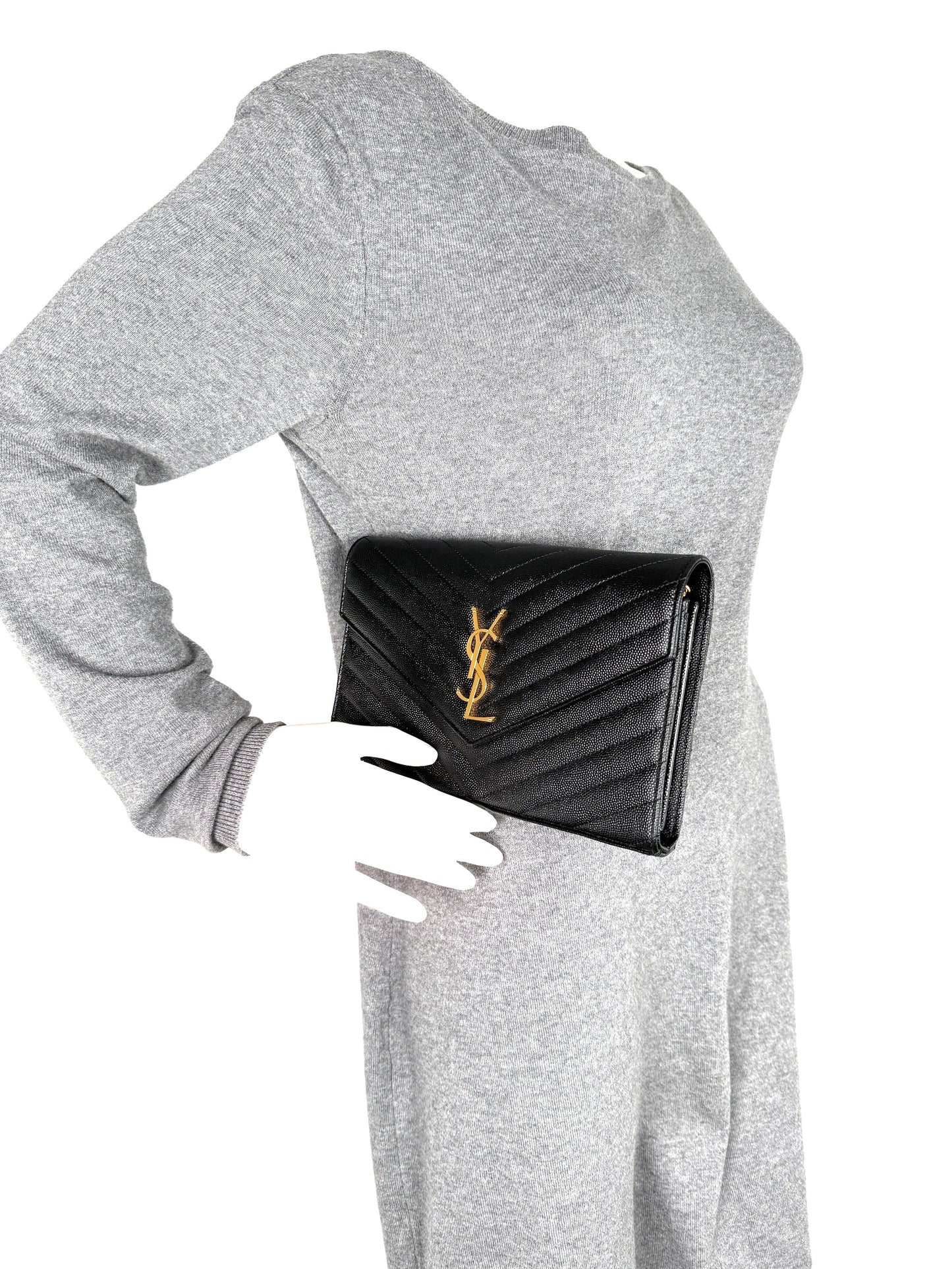 Saint Laurent Black Cassandre Matelasse Envelope Wallet on Chain Crossbody Bag