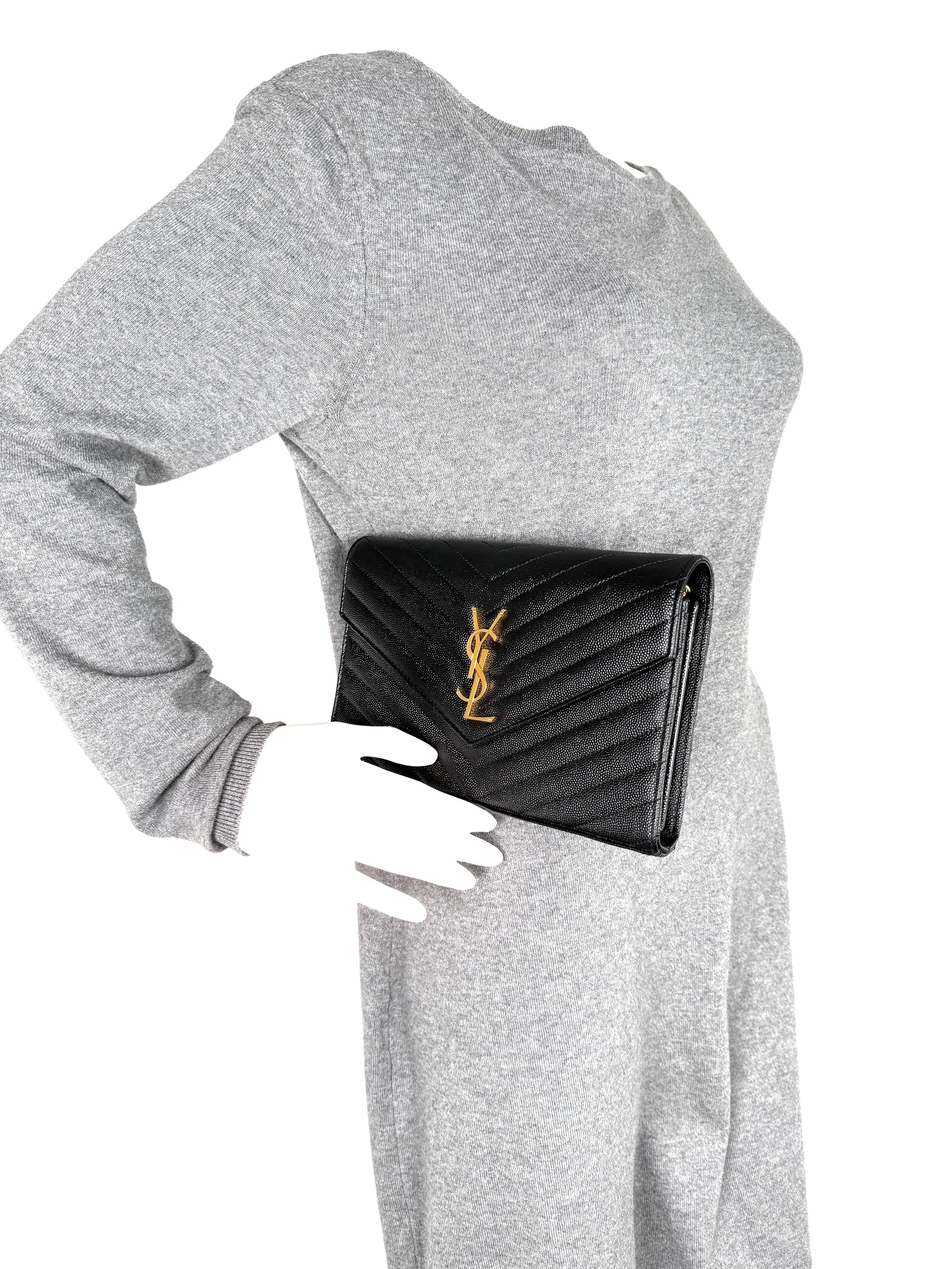 Saint Laurent Black Cassandre Matelasse Envelope Wallet on Chain Crossbody Bag