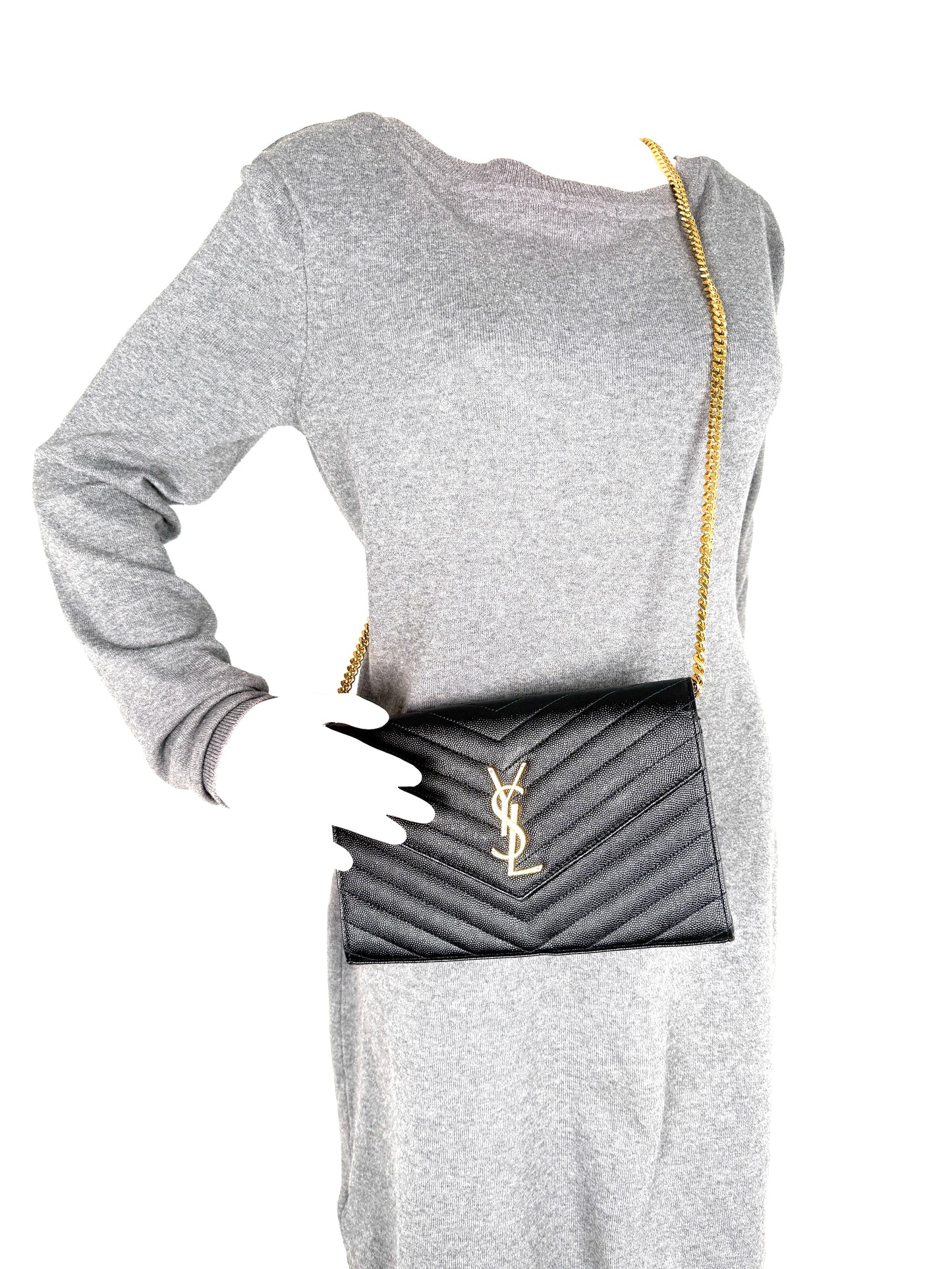 Saint Laurent Black Cassandre Matelasse Envelope Wallet on Chain Crossbody Bag