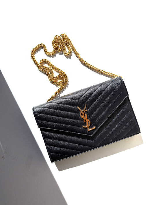 Saint Laurent Black Cassandre Matelasse Envelope Wallet on Chain Crossbody Bag