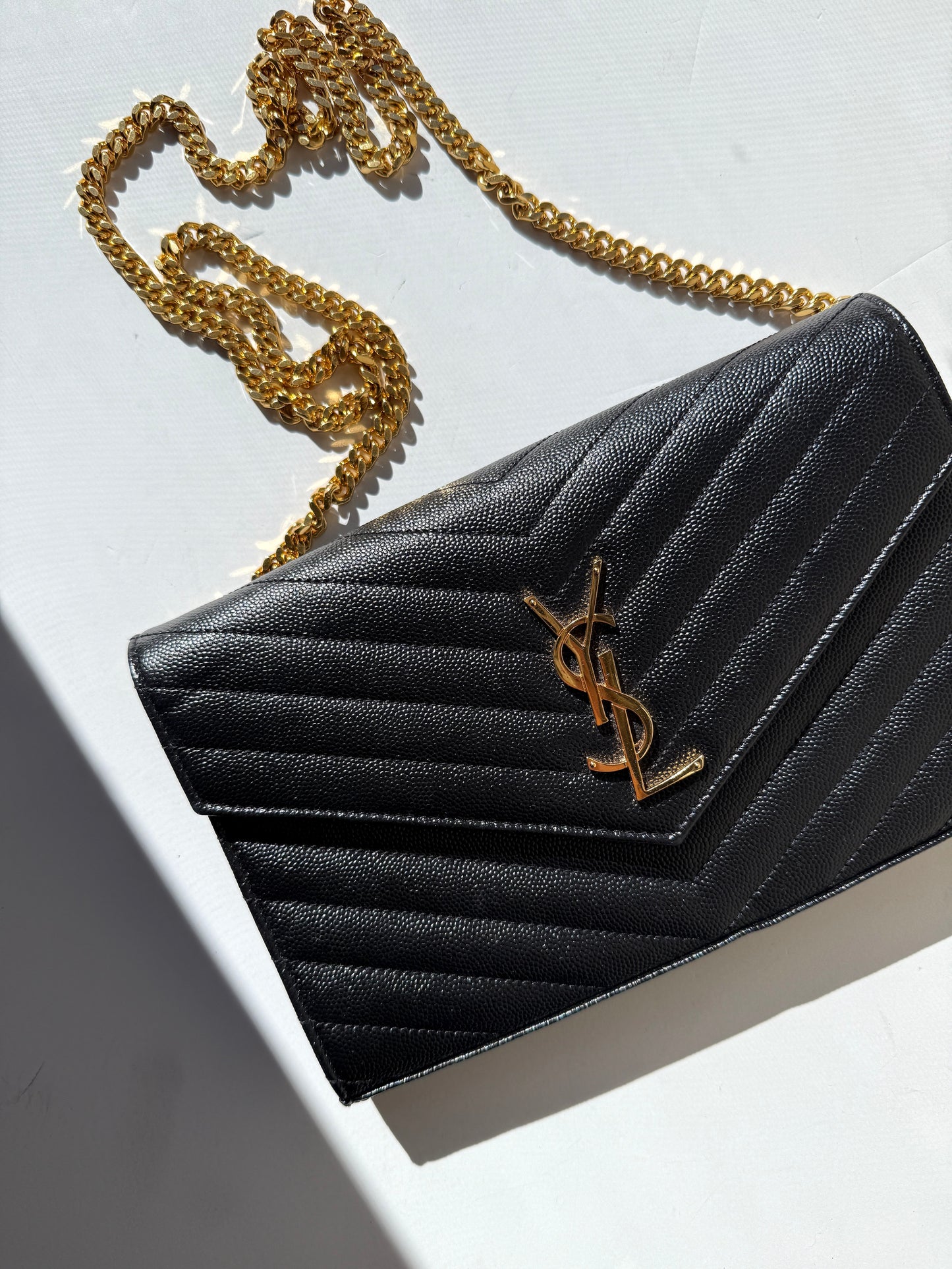 Saint Laurent Black Cassandre Matelasse Envelope Wallet on Chain Crossbody Bag