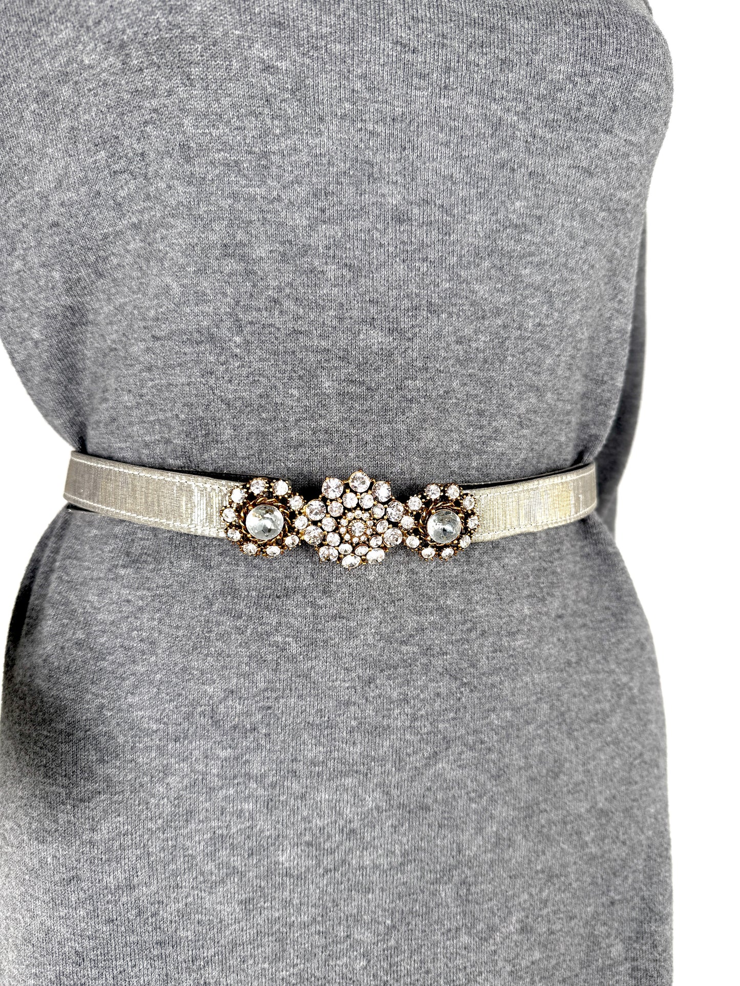 Oscar de la Renta Embellished Brocade Silver Metallic Satin Belt M