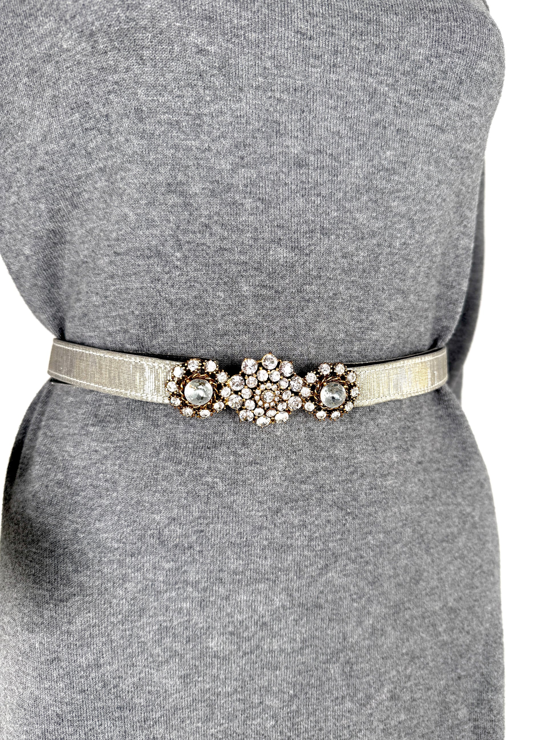 Oscar de la Renta Embellished Brocade Silver Metallic Satin Belt M
