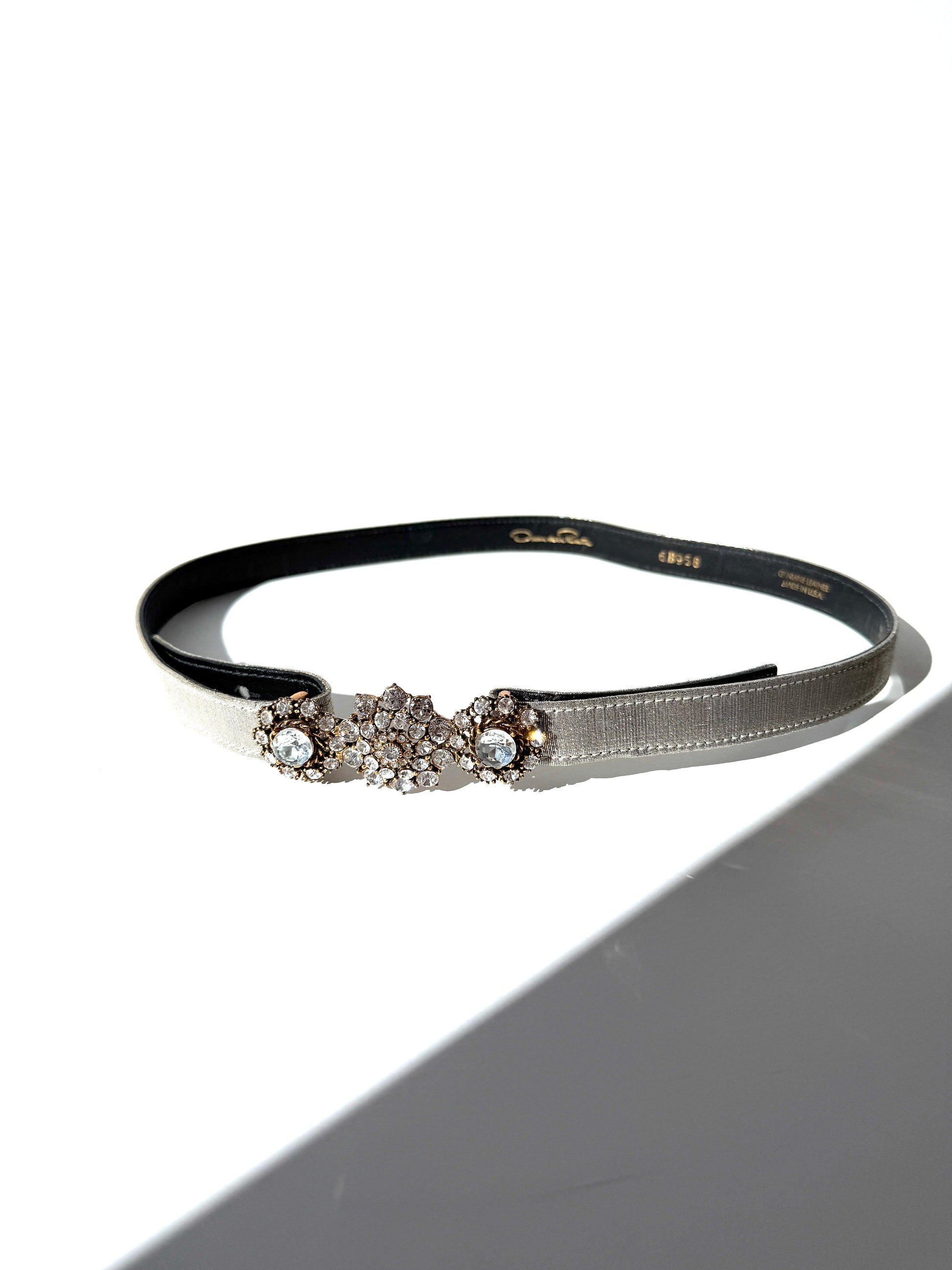 Oscar de la Renta Embellished Brocade Silver Metallic Satin Belt M