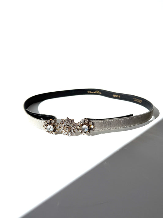 Oscar de la Renta Embellished Brocade Silver Metallic Satin Belt M