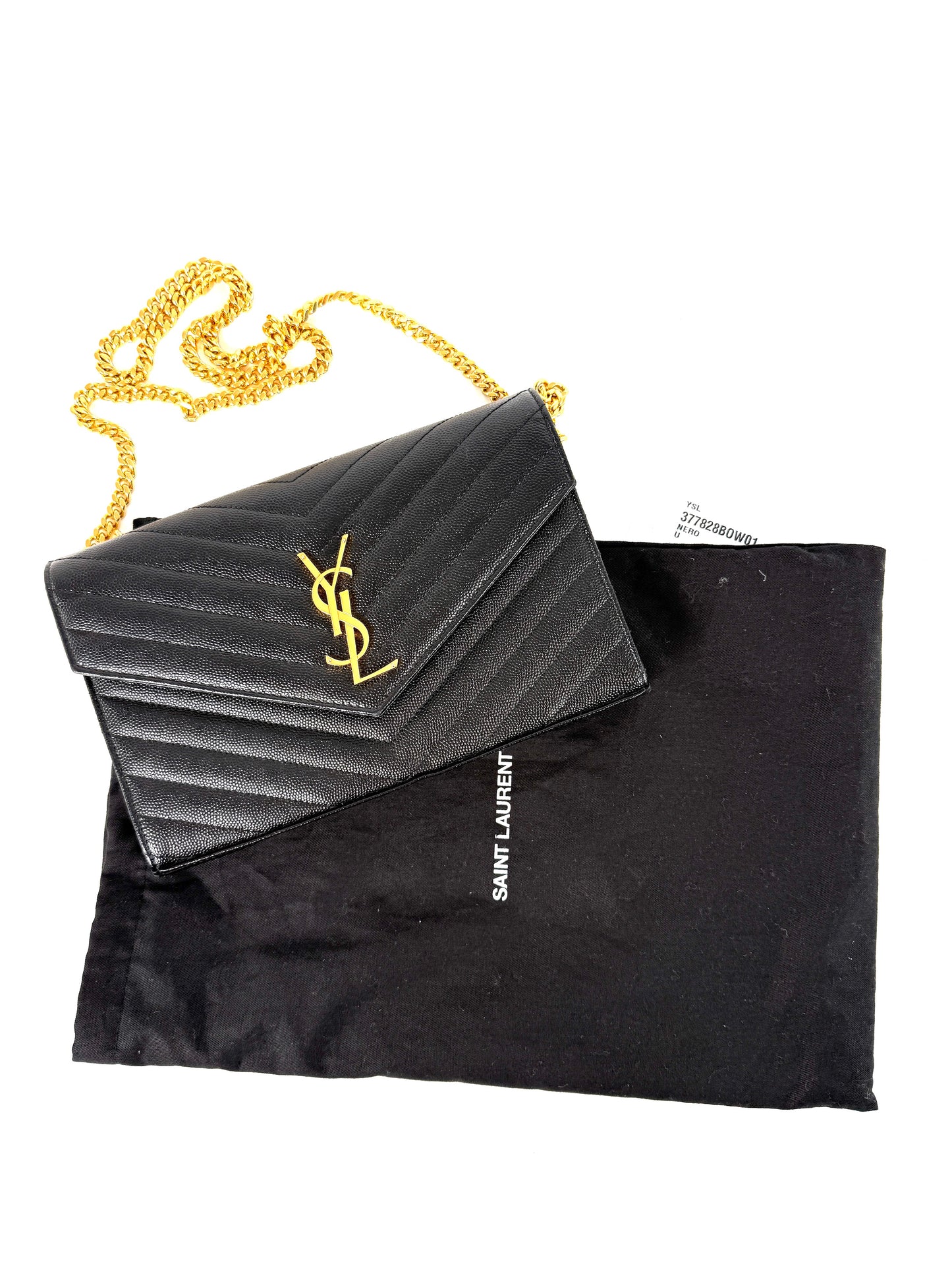 Saint Laurent Black Cassandre Matelasse Envelope Wallet on Chain Crossbody Bag