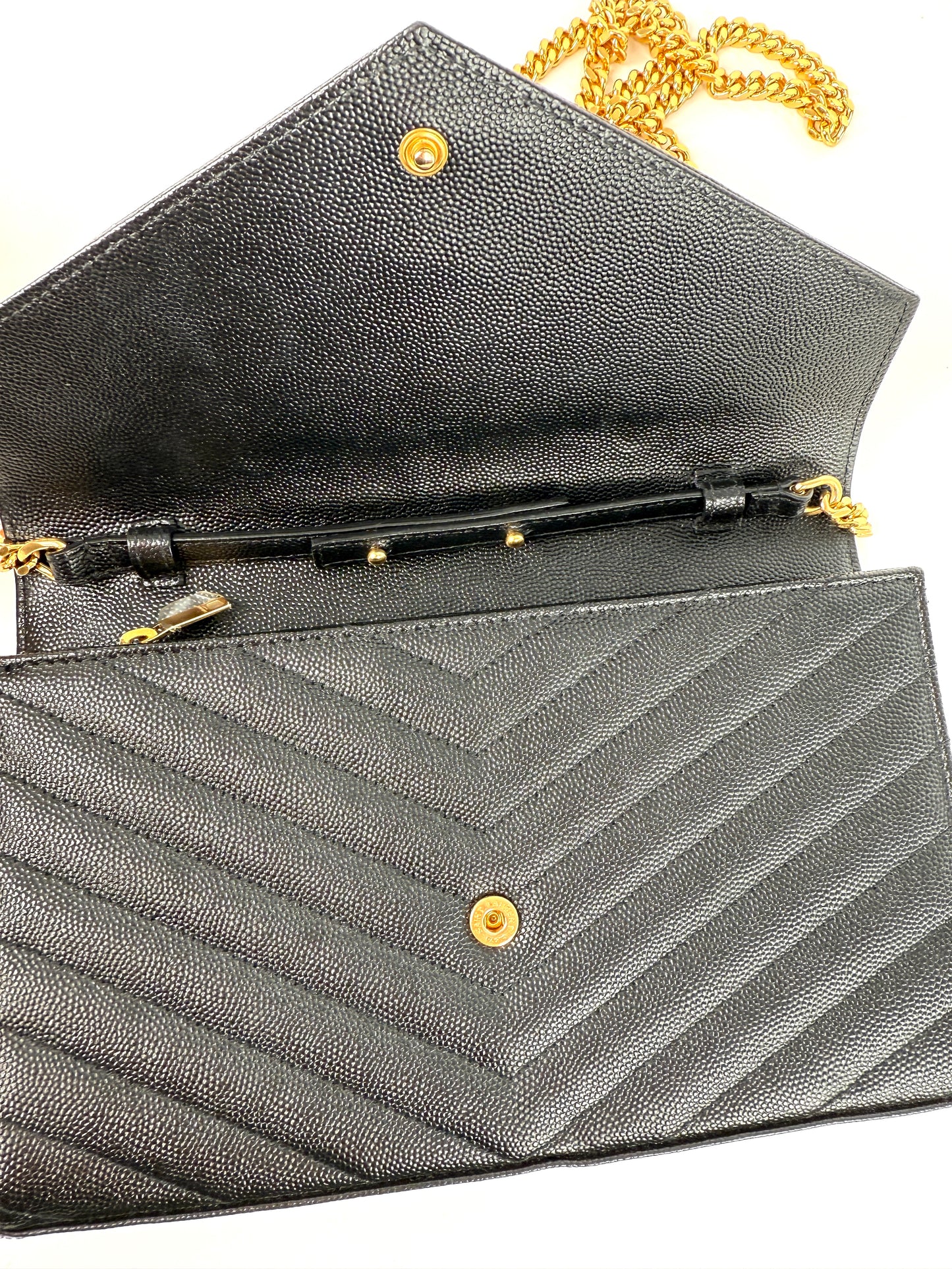 Saint Laurent Black Cassandre Matelasse Envelope Wallet on Chain Crossbody Bag