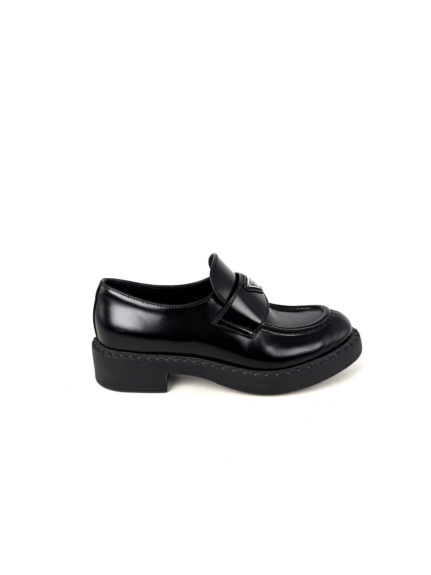 PRADA Metal Enameled Triangle Leather Platform Loafers Black Shoes 38, 8