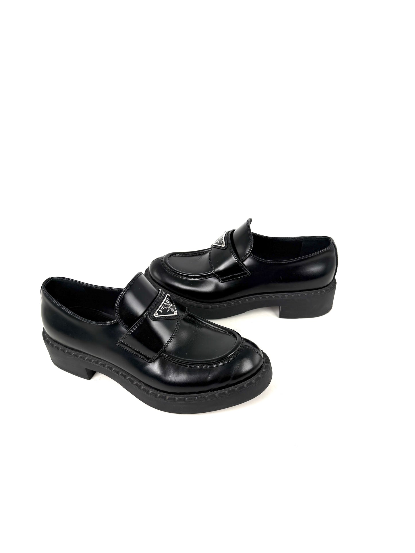 PRADA Metal Enameled Triangle Leather Platform Loafers Black Shoes 38, 8