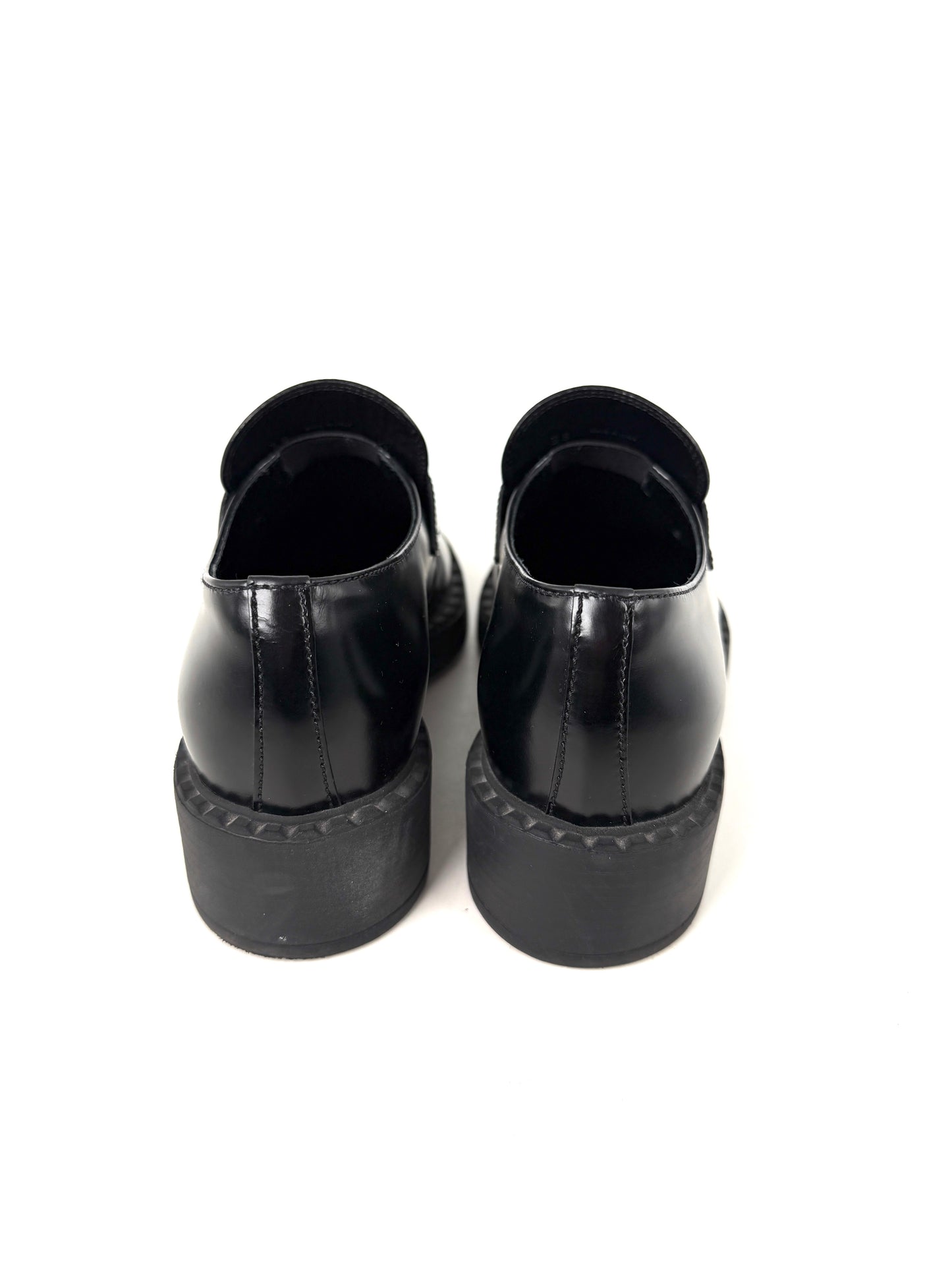 PRADA Metal Enameled Triangle Leather Platform Loafers Black Shoes 38, 8