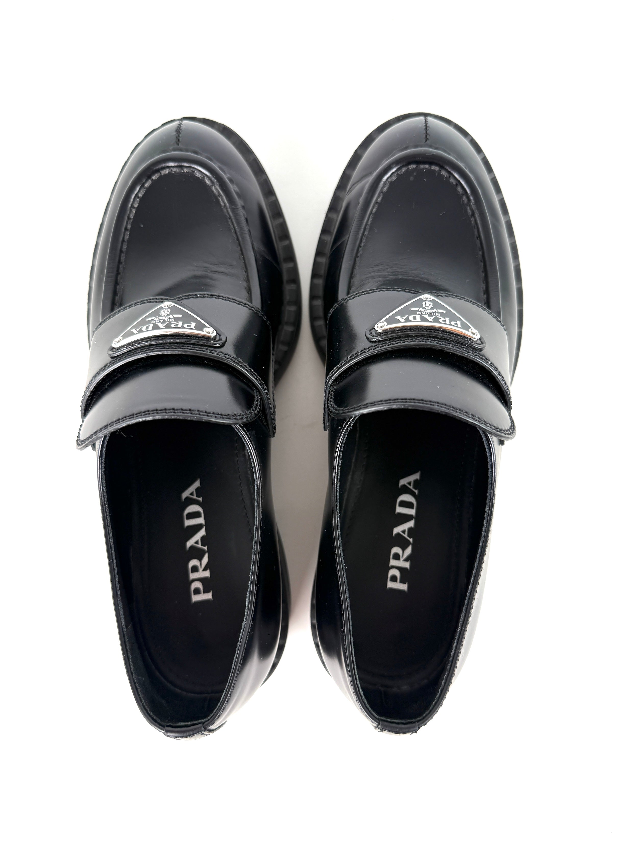 PRADA Metal Enameled Triangle Leather Platform Loafers Black Shoes