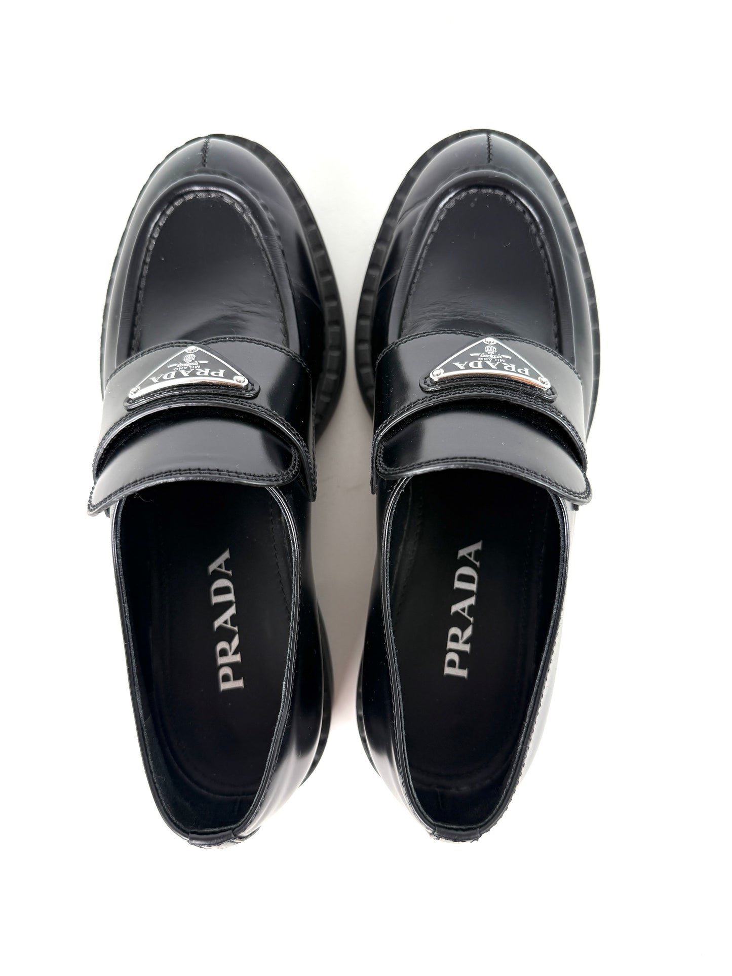 PRADA Metal Enameled Triangle Leather Platform Loafers Black Shoes 38, 8