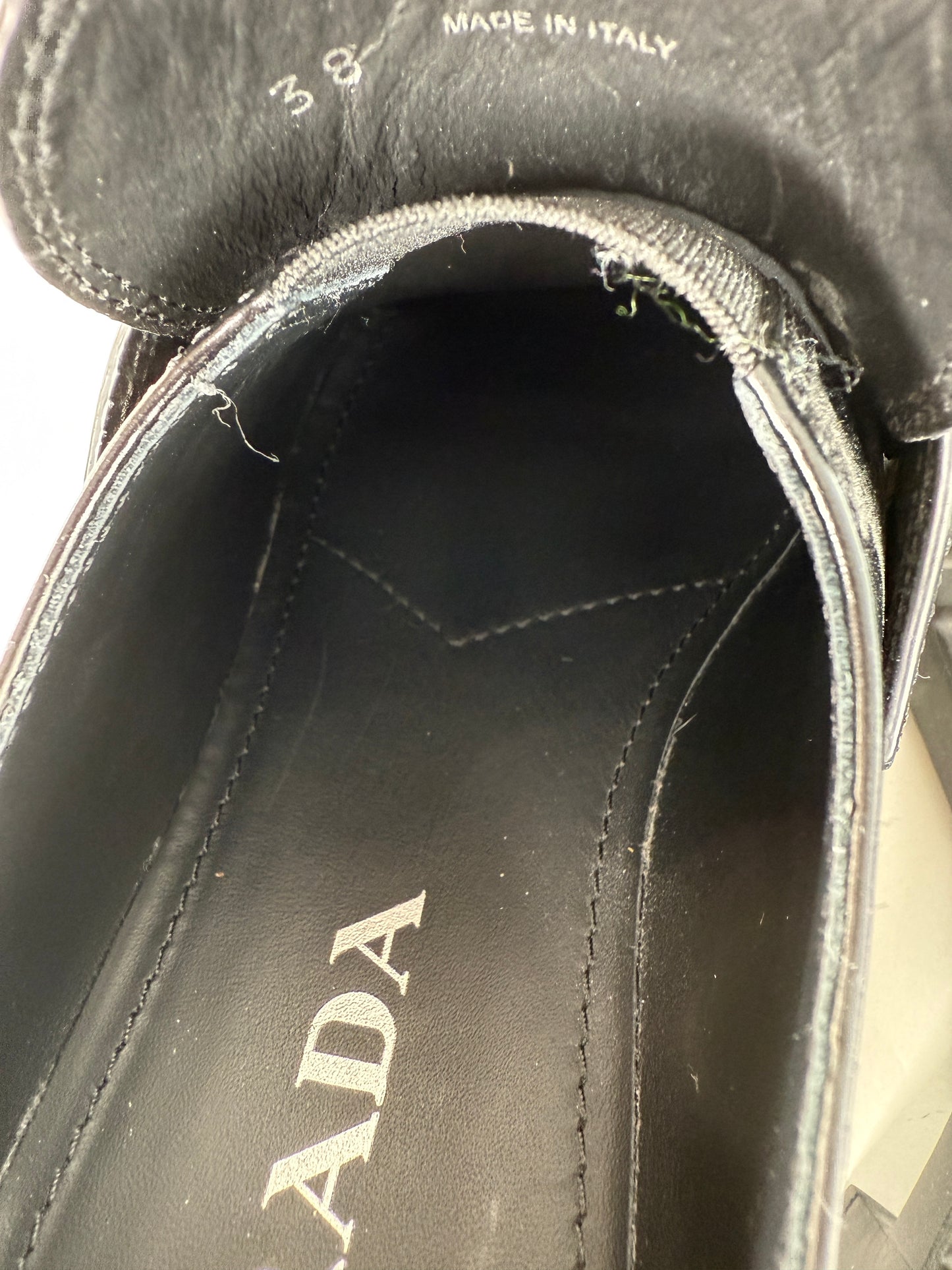 PRADA Metal Enameled Triangle Leather Platform Loafers Black Shoes 38, 8