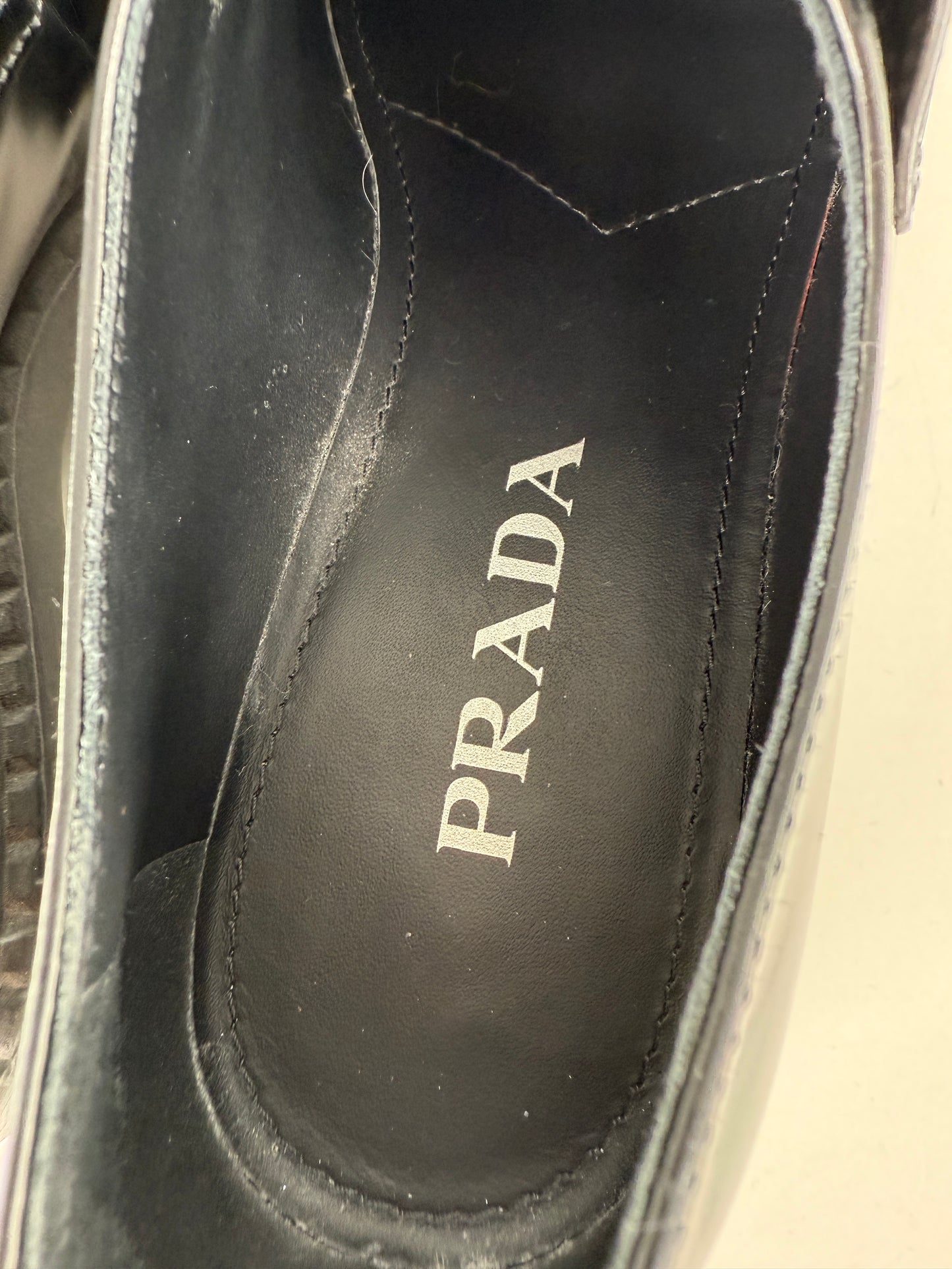 PRADA Metal Enameled Triangle Leather Platform Loafers Black Shoes 38, 8