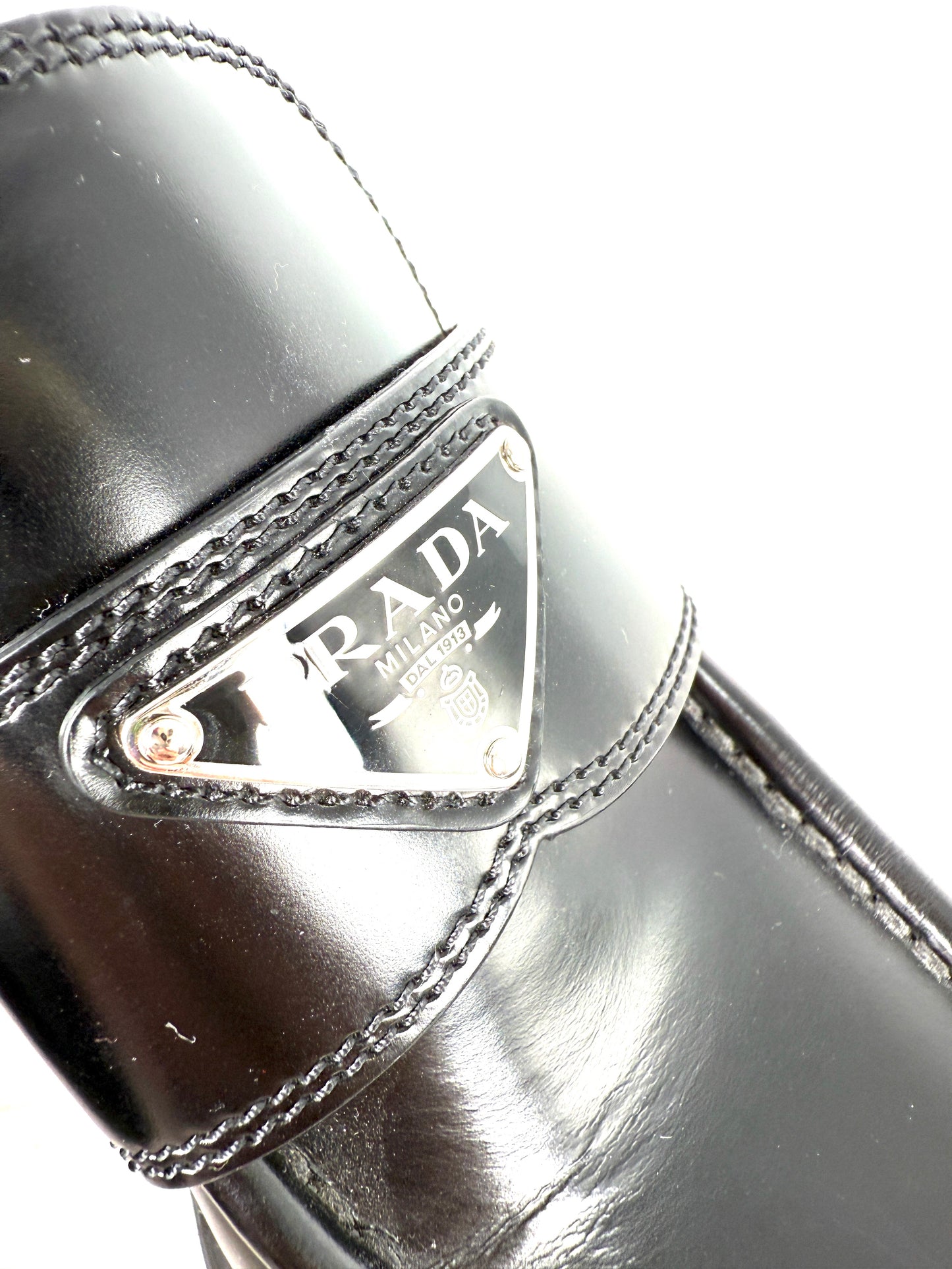 PRADA Metal Enameled Triangle Leather Platform Loafers Black Shoes 38, 8