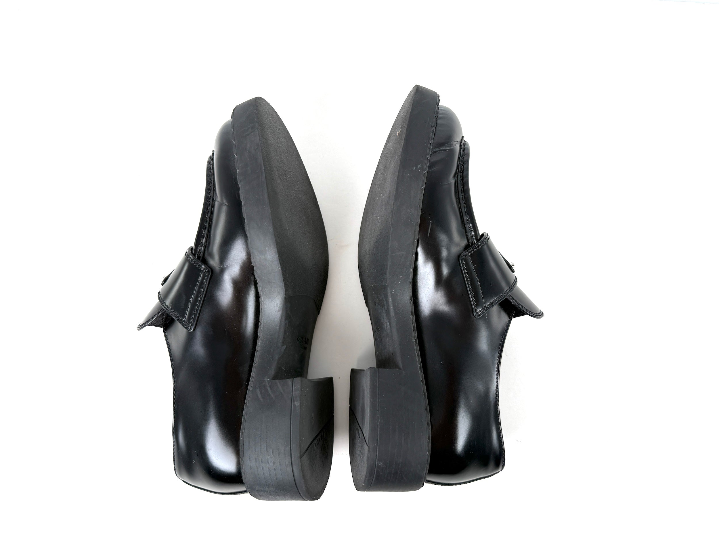 PRADA Metal Enameled Triangle Leather Platform Loafers Black Shoes