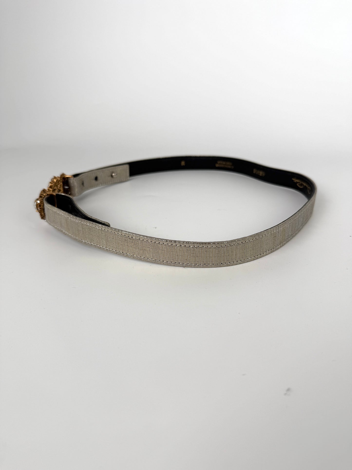 Oscar de la Renta Embellished Brocade Silver Metallic Satin Belt M