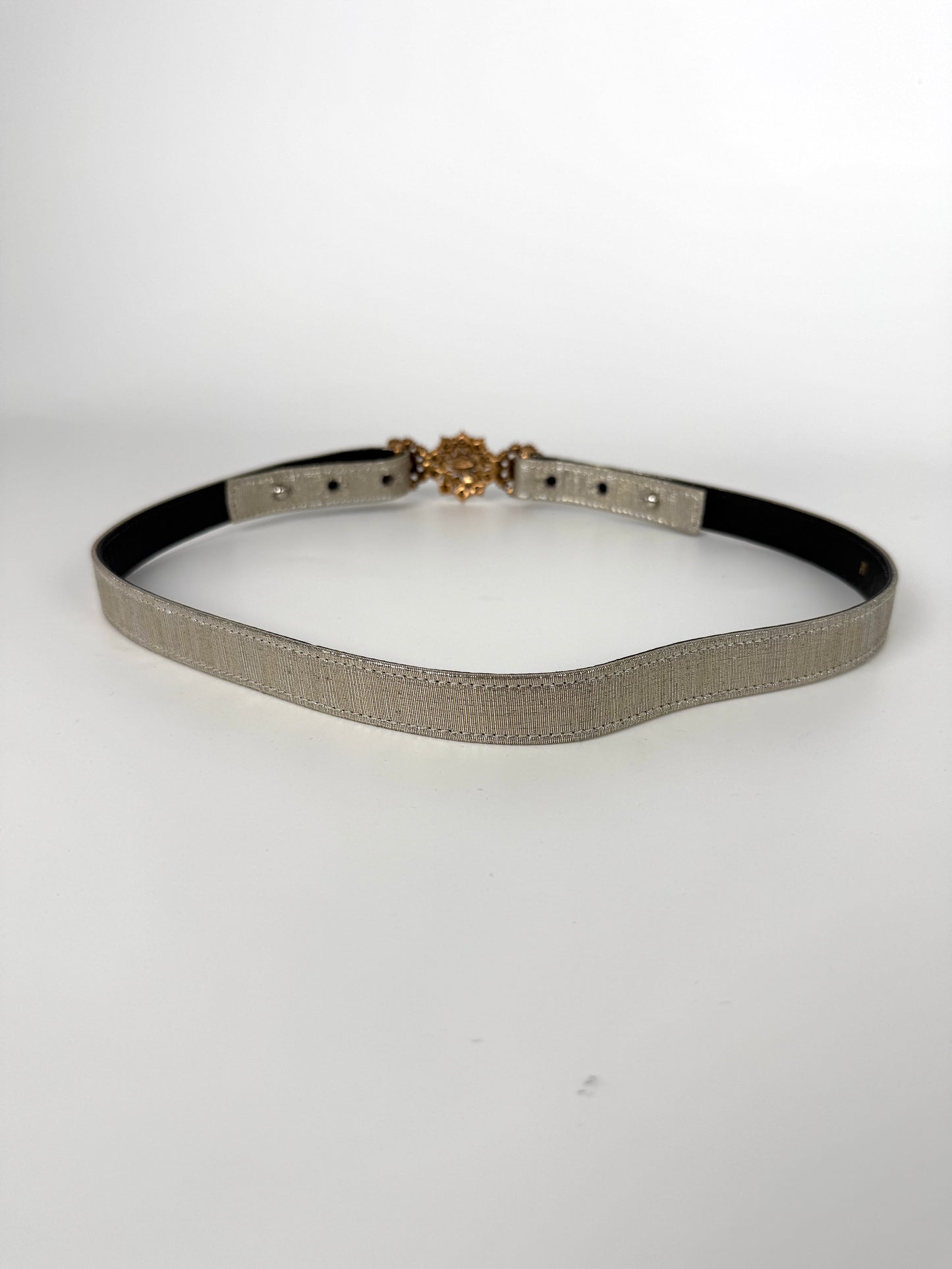 Oscar de la Renta Embellished Brocade Silver Metallic Satin Belt M