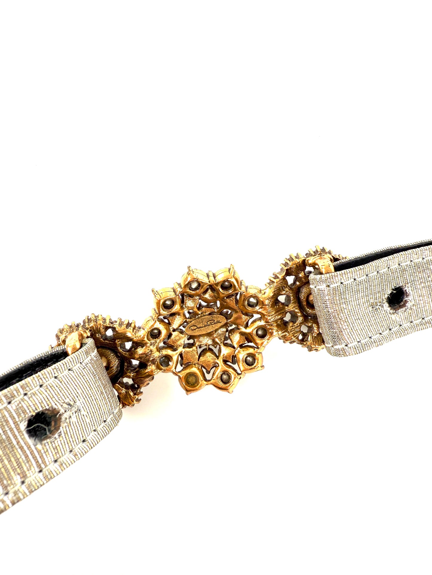 Oscar de la Renta Embellished Brocade Silver Metallic Satin Belt M