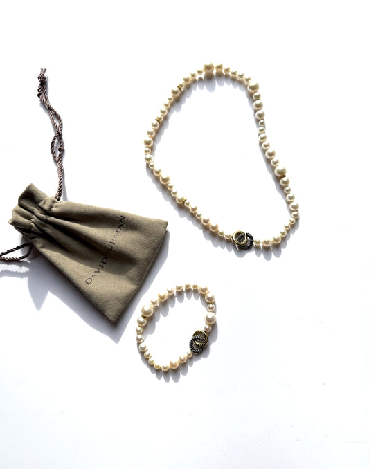 David Yurman Cultured Pearl Bead 18k Gold Sterling Silver Necklace Bracelet Set