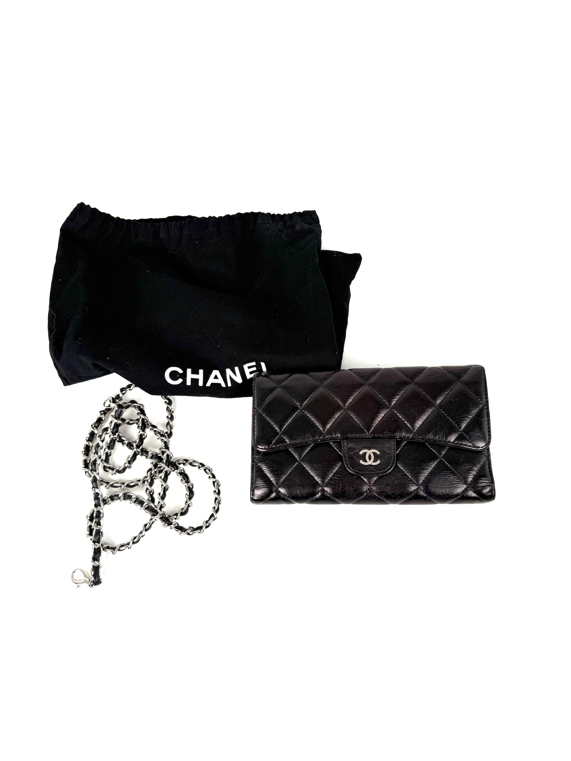 Chanel Vintage Black Trifold Quilted Leather Long CC Flap Wallet