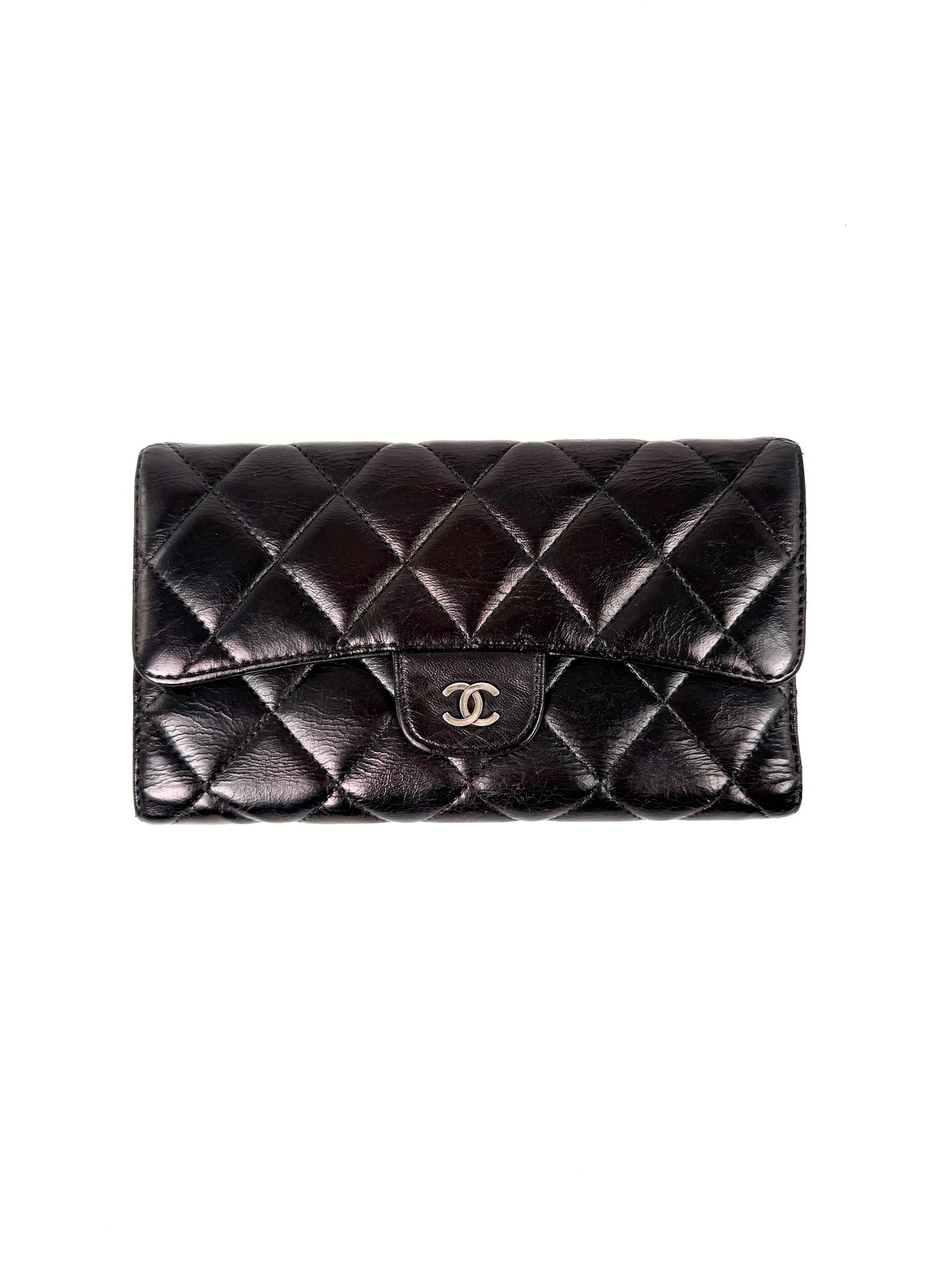 Chanel Vintage Black Trifold Quilted Leather Long CC Flap Wallet