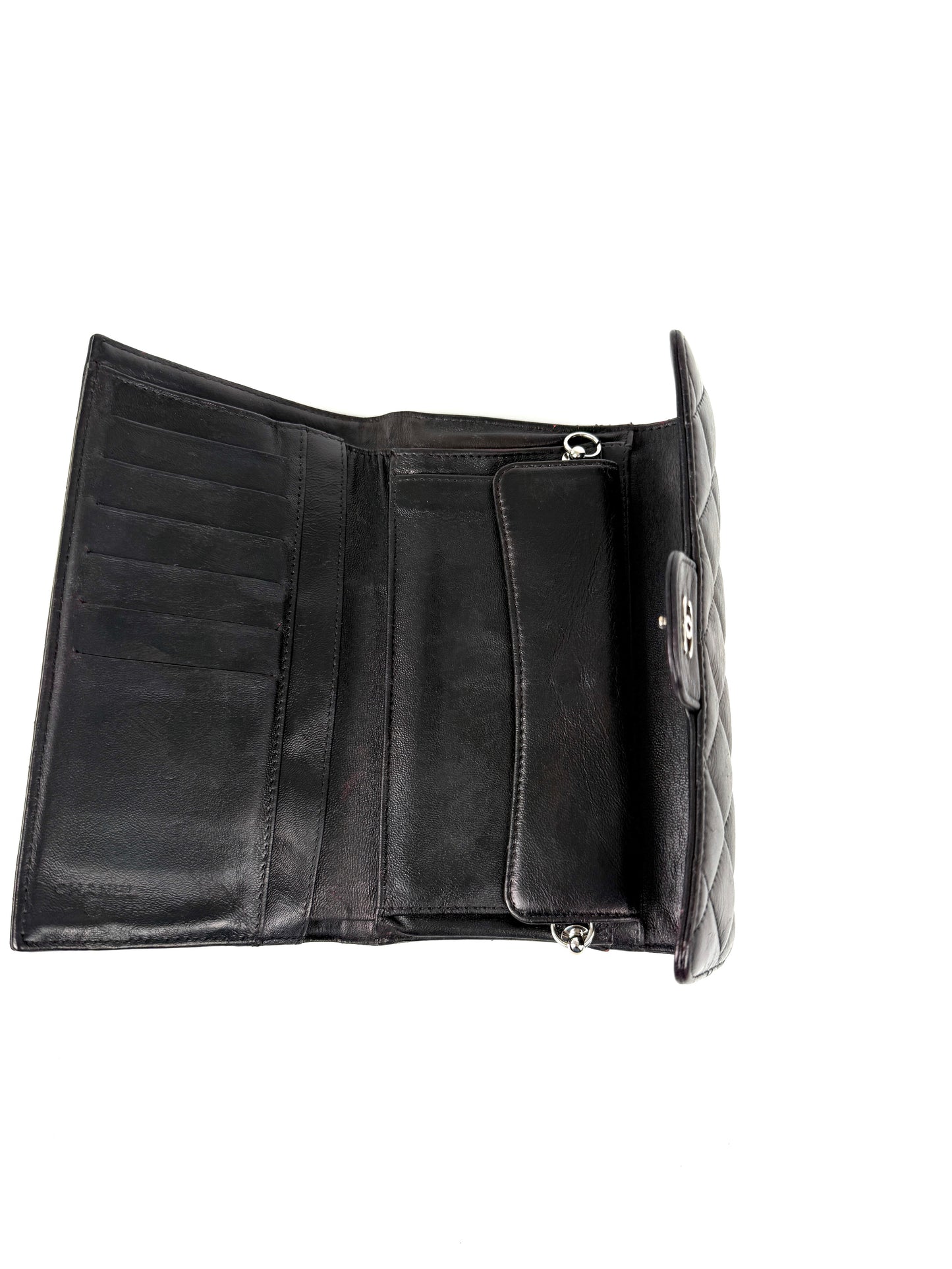 Chanel Vintage Black Trifold Quilted Leather Long CC Flap Wallet