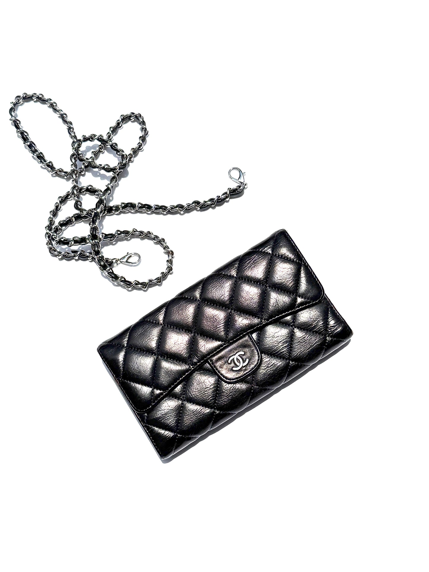 Chanel Vintage Black Trifold Quilted Leather Long CC Flap Wallet