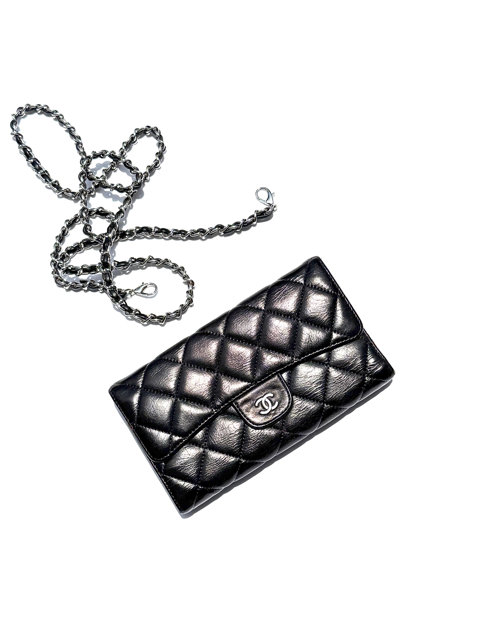 Chanel Vintage Black Trifold Quilted Leather Long CC Flap Wallet