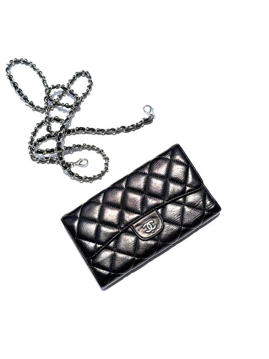 Chanel Vintage Black Trifold Quilted Leather Long CC Flap Wallet