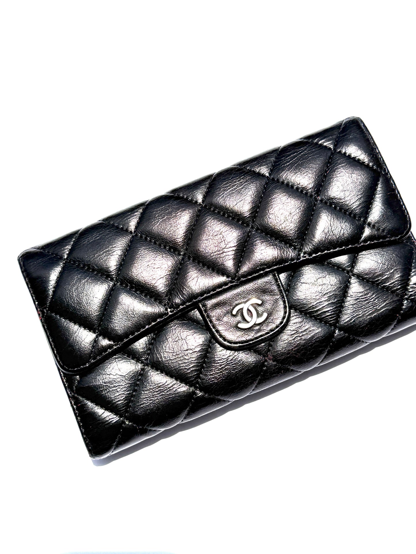 Chanel Vintage Black Trifold Quilted Leather Long CC Flap Wallet